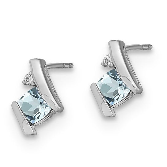 10k White Gold Stud Earrings with Aquamarine and Diamond Accents, Geometric Design