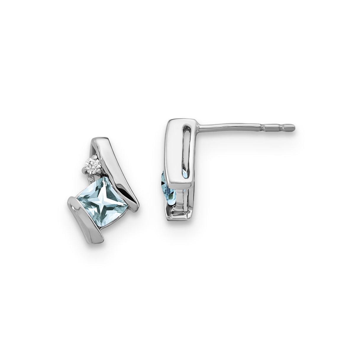 Sterling Silver Stud Earrings with Princess Cut Aquamarine, Minimalist Modern Design