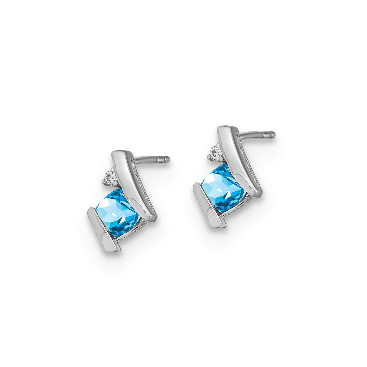 10k White Gold Stud Earrings with Swiss Blue Topaz and Diamond, Asymmetrical Modern Design