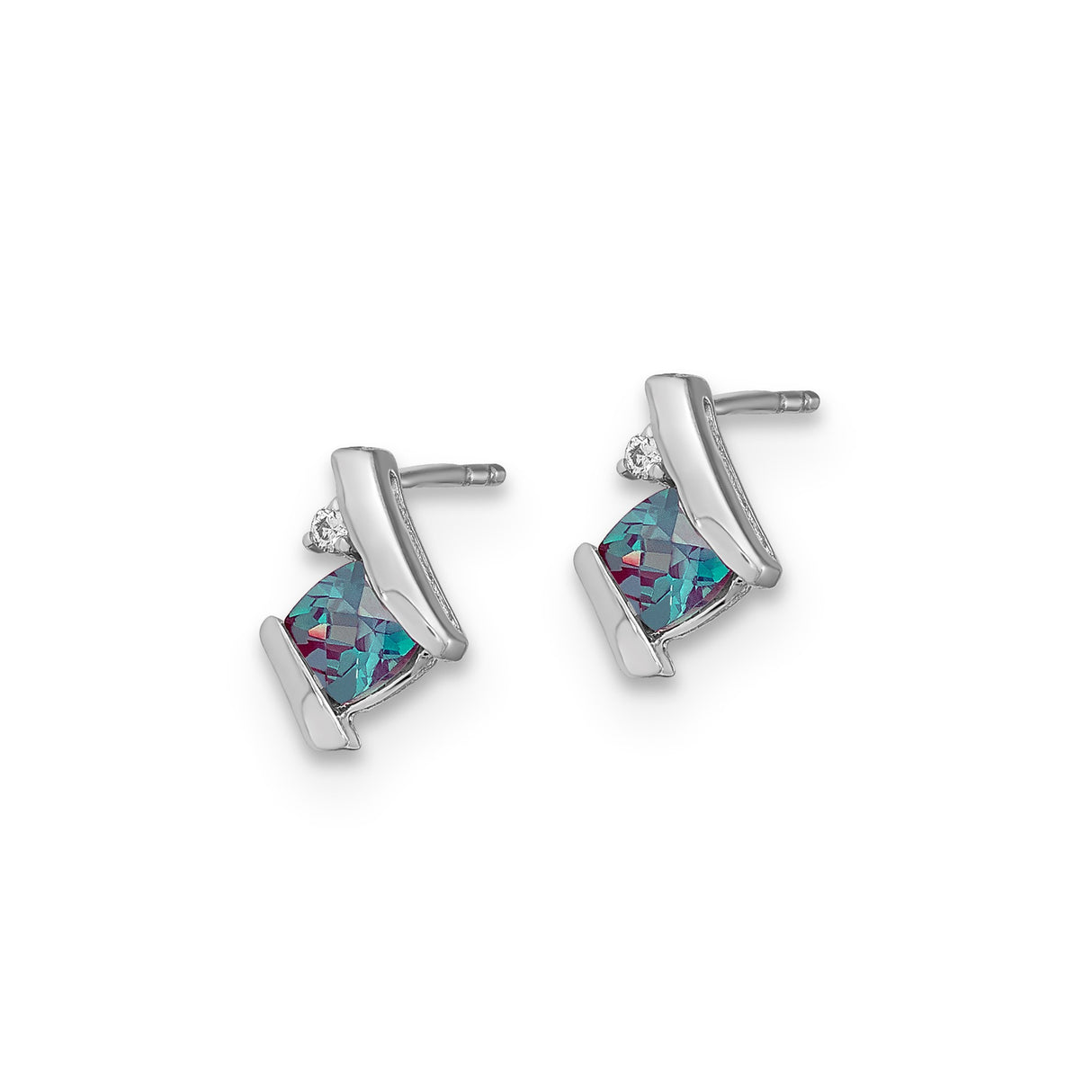 Sterling Silver Stud Earrings with Created Alexandrite and Diamond Accents, Modern Abstract Design