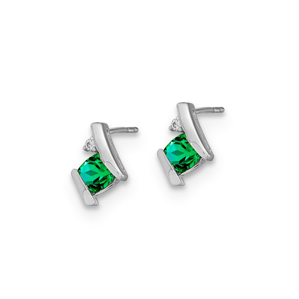 Sterling Silver Stud Earrings with Square Cut Created Emerald and Diamond Accents, Modern Minimalist Style