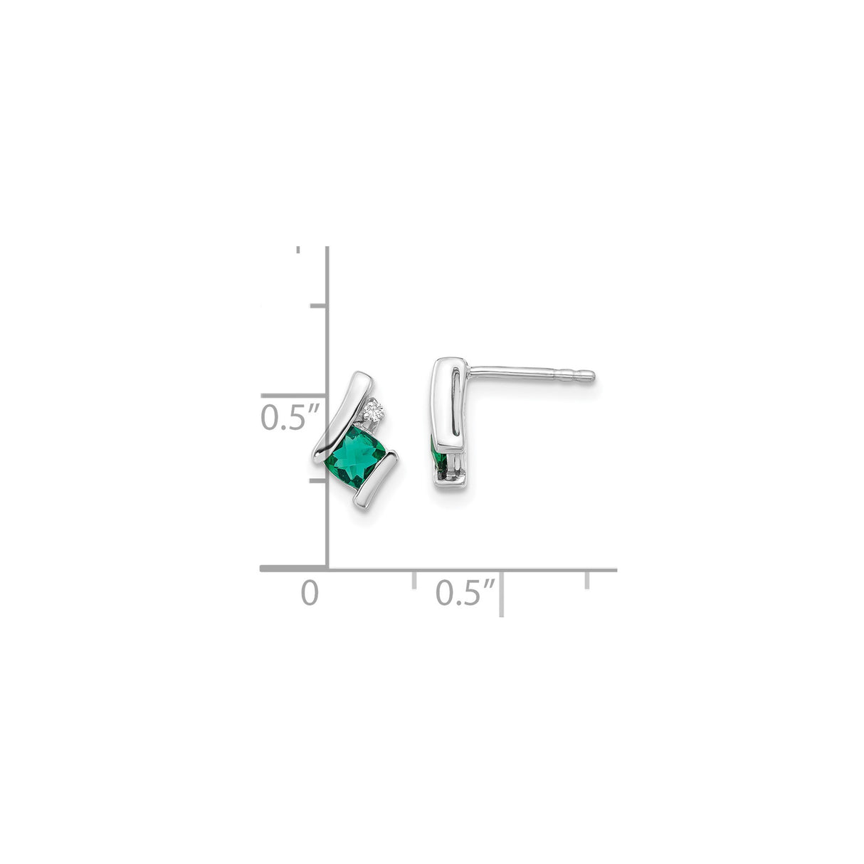 Sterling Silver Stud Earrings with Square Cut Created Emerald and Diamond Accents, Modern Minimalist Style