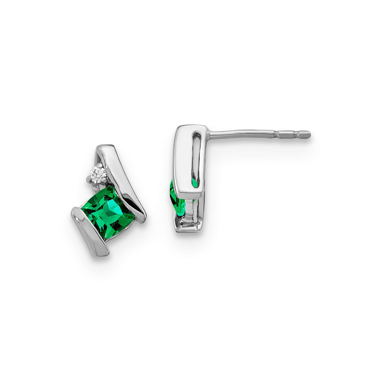 Sterling Silver Stud Earrings with Square Cut Created Emerald and Diamond Accents, Modern Minimalist Style
