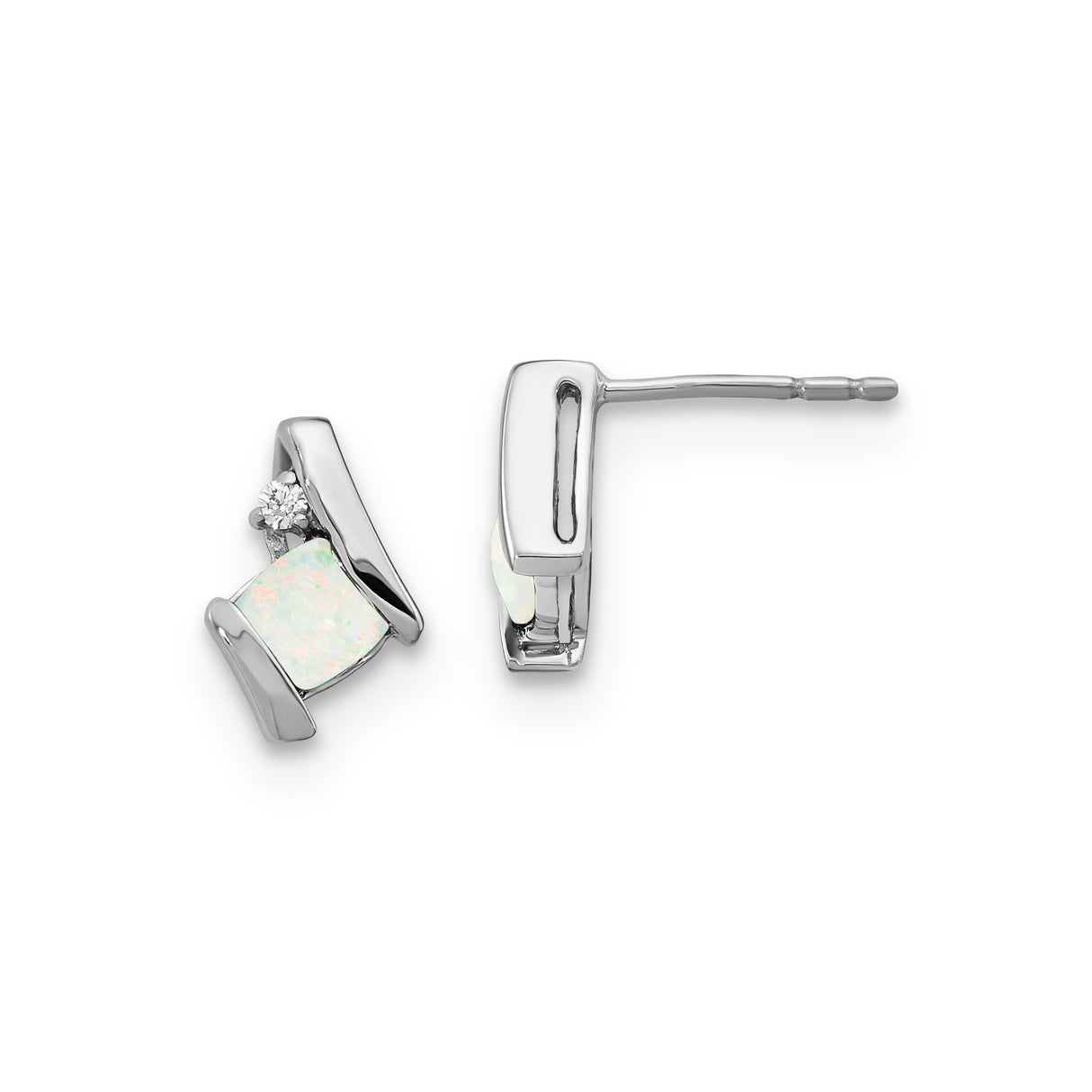 10k White Gold Stud Earrings with Created Opal Inlay and Diamond Accent, Modern Minimalist Design