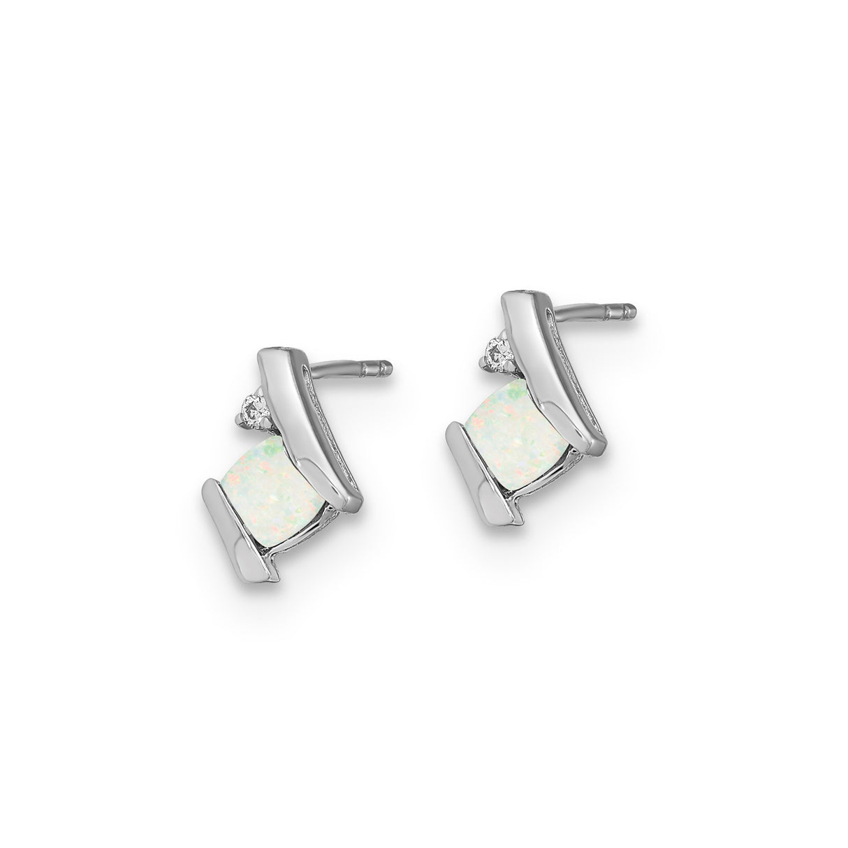 Sterling Silver Stud Earrings with Square Created Opal and Diamond Accent, Modern Minimalist Style
