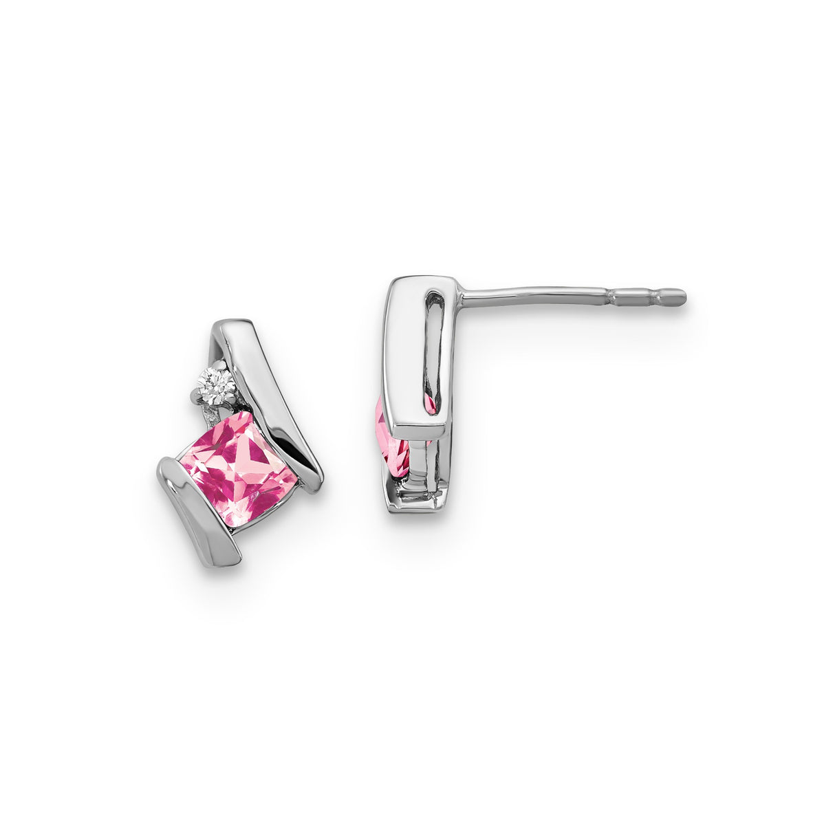 Sterling Silver Stud Earrings with Princess Cut Pink Gemstones and White Accents