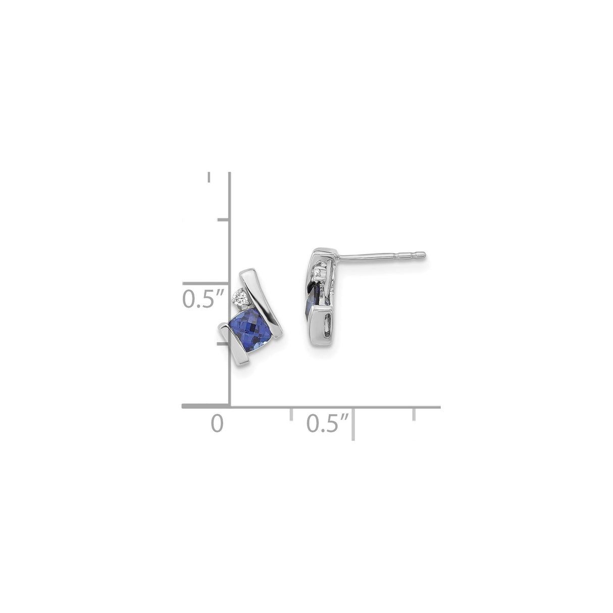 10k White Gold Stud Earrings with Square Cut Created Sapphire and Diamond Accent