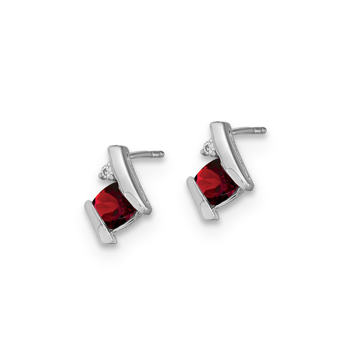 Sterling Silver Stud Earrings with Garnet and Diamond, Modern Minimalist Design for Women