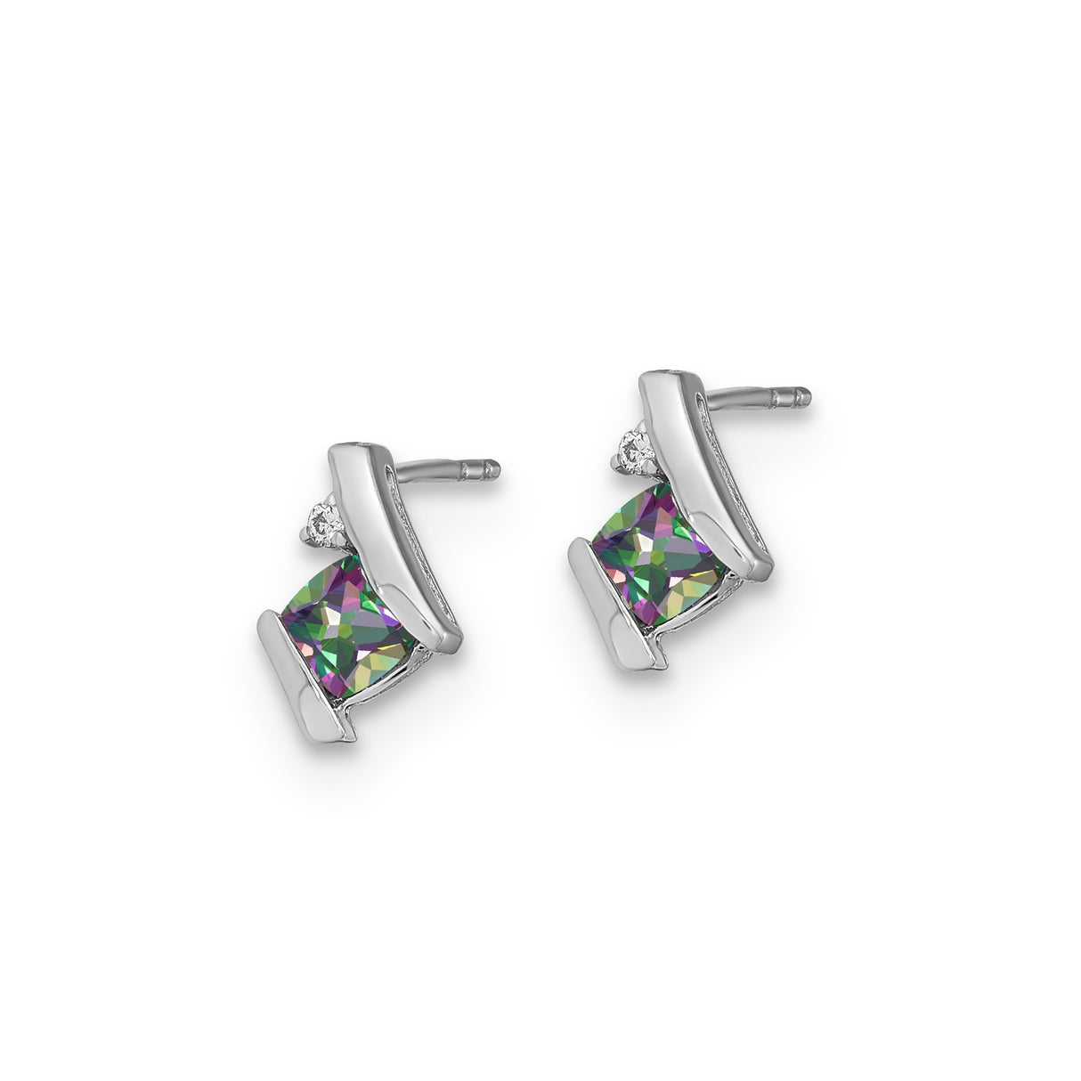 Sterling Silver Stud Earrings with Square Mystic Fire Topaz, Asymmetrical Modern Design