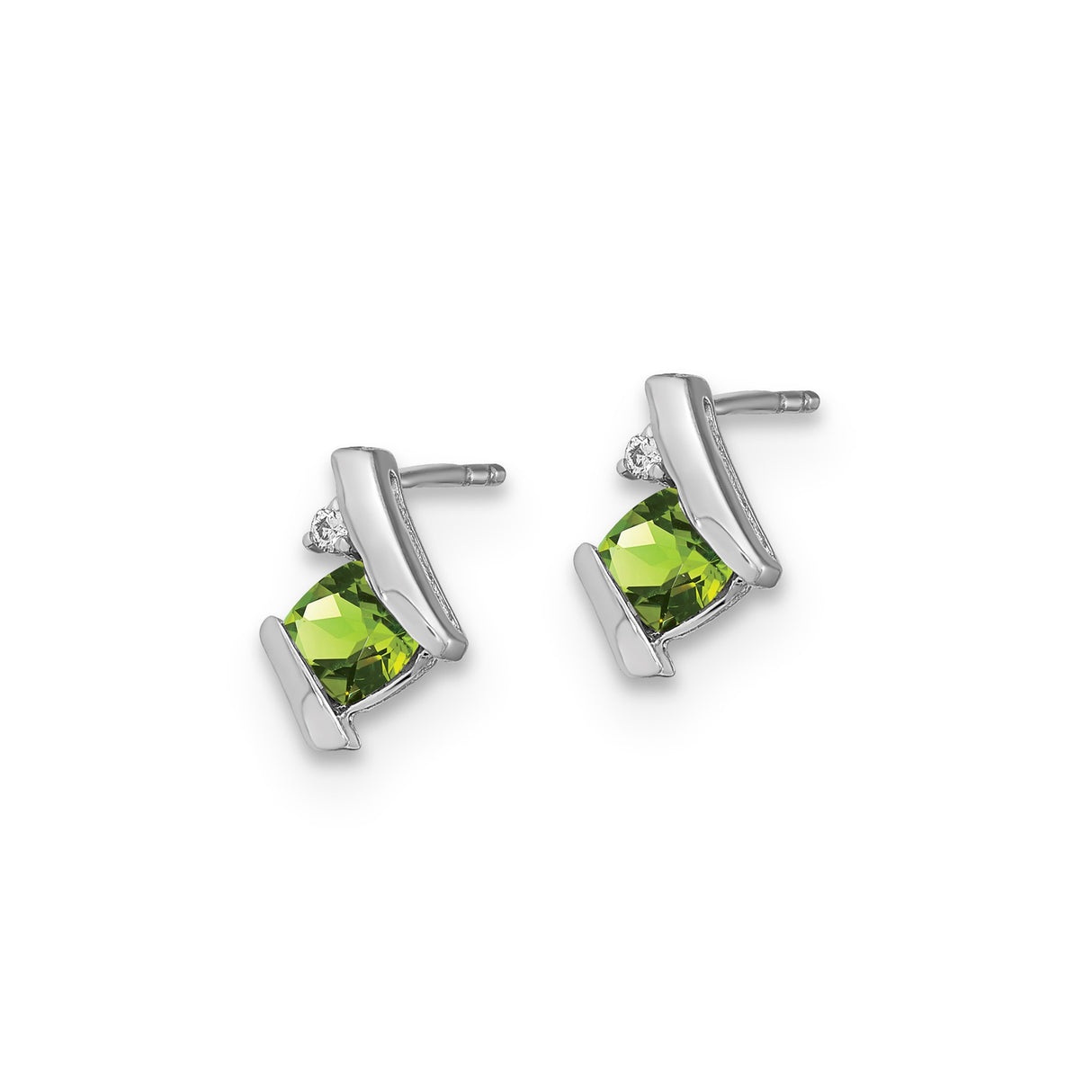 10k White Gold Stud Earrings with Square Cut Peridot and Diamond Accent