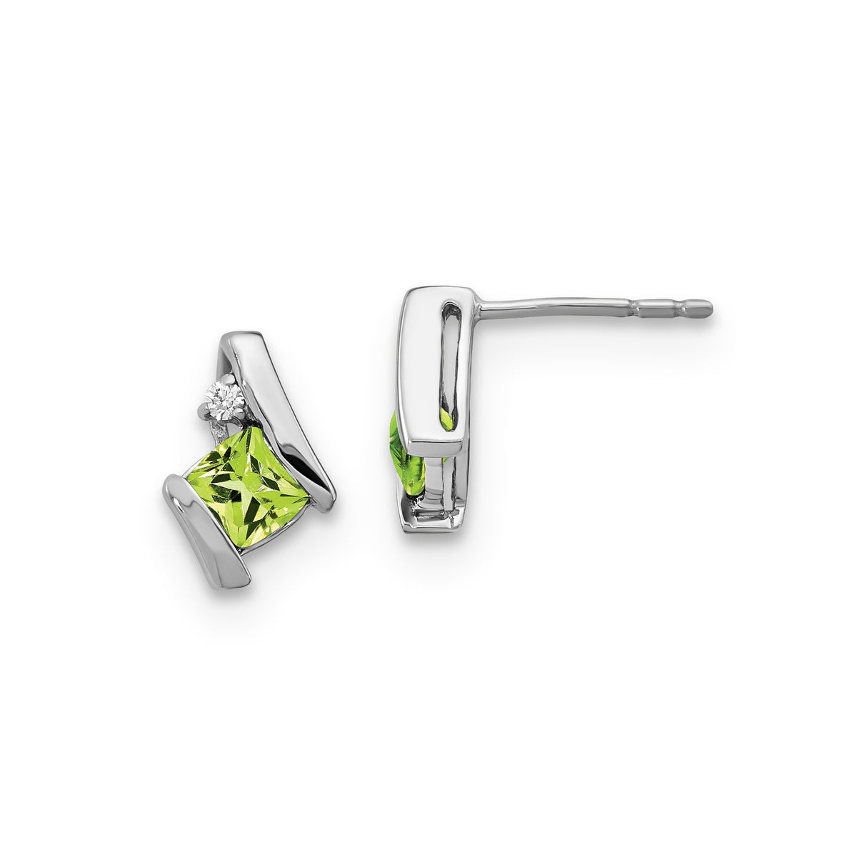 10k White Gold Stud Earrings with Square Cut Peridot and Diamond Accent