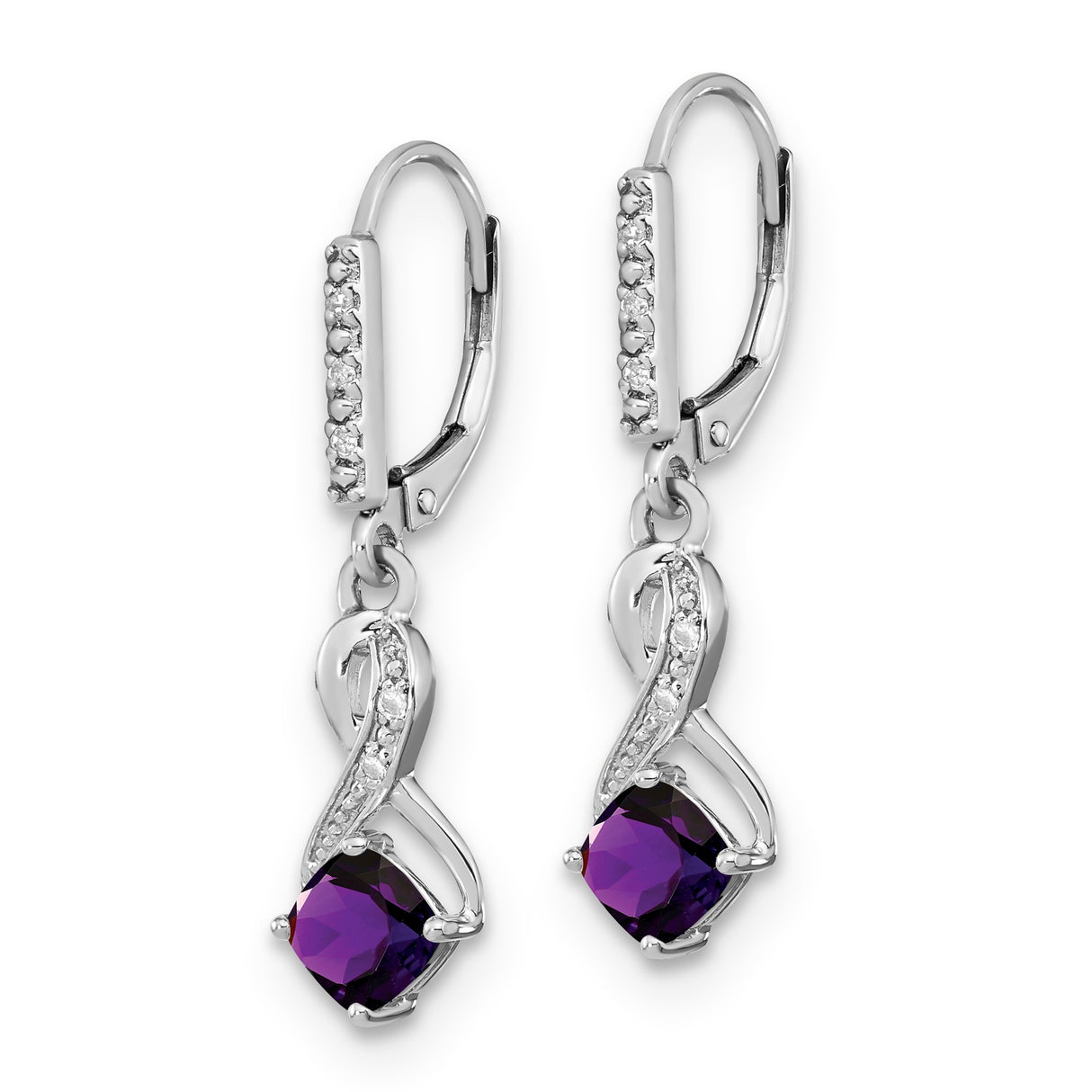 Sterling Silver Infinity Dangle Earrings with Cushion Cut Amethyst and Diamond Accents