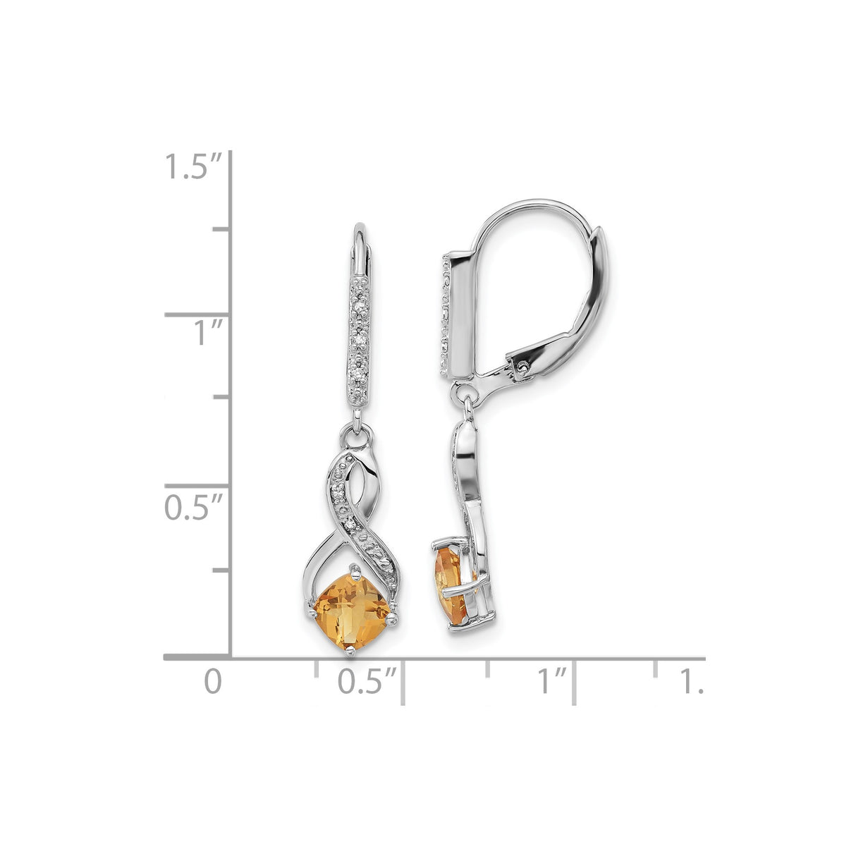 Sterling Silver Dangle Earrings with Citrine and Diamond, Infinity Loop Leverback Design