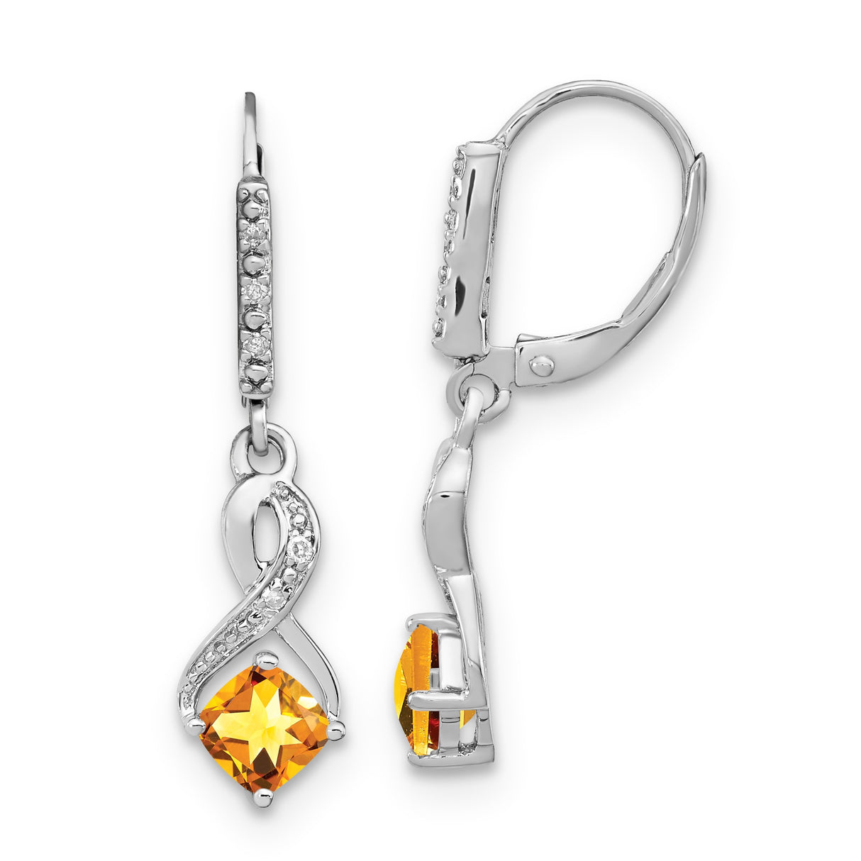 Sterling Silver Dangle Earrings with Citrine and Diamond, Infinity Loop Leverback Design