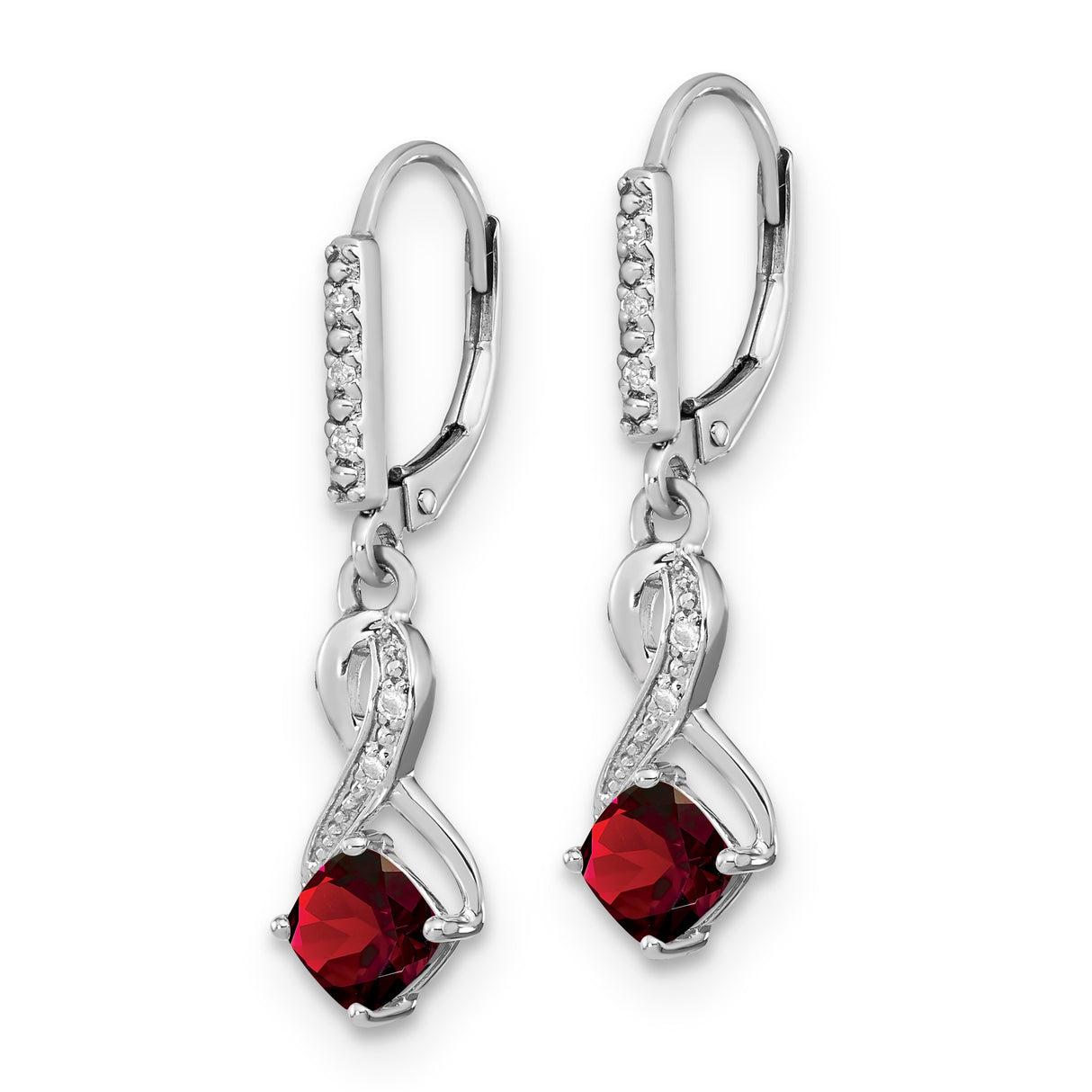 Sterling Silver Infinity Dangle Earrings with Garnet and Diamond Accents, Twisted Leverback Design