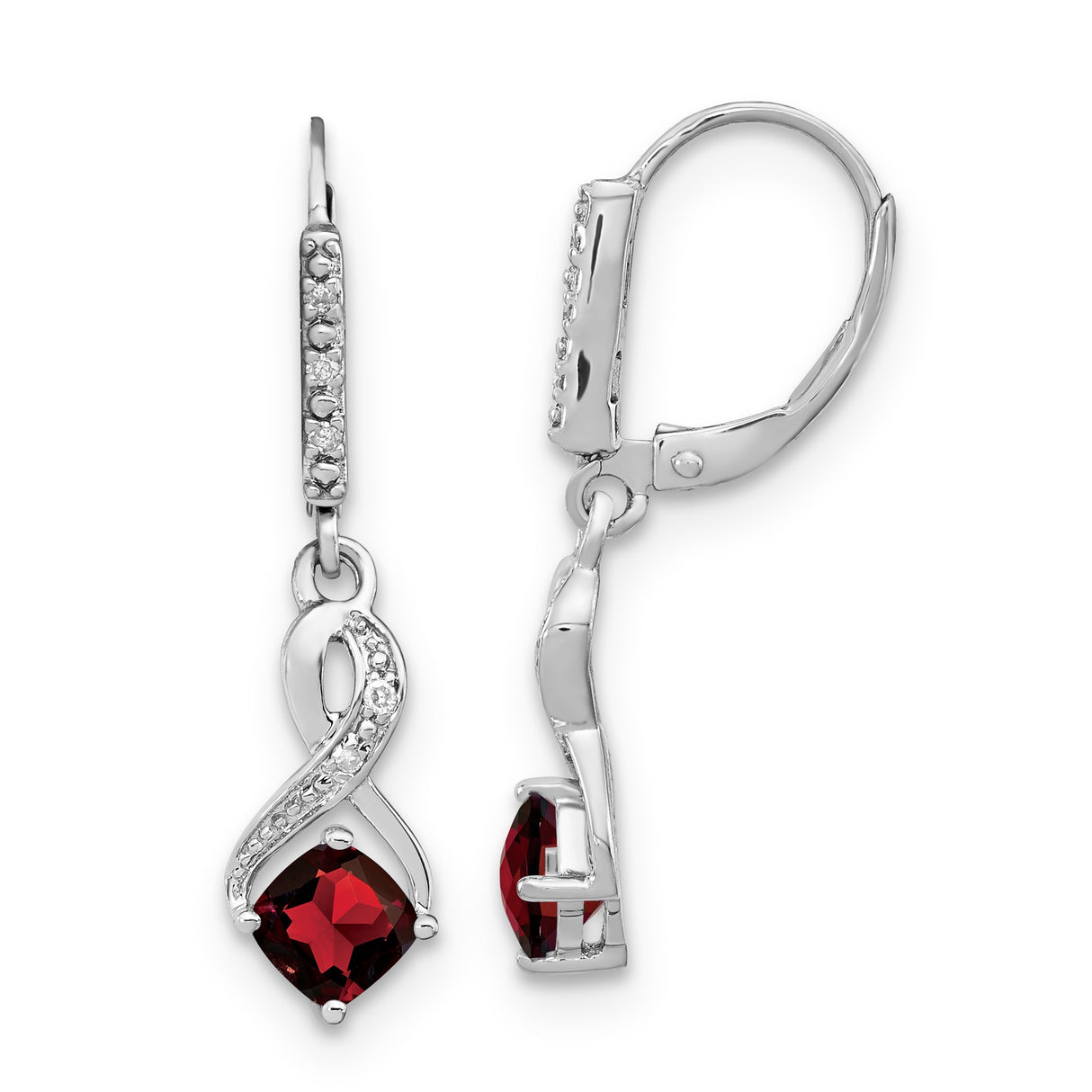 Sterling Silver Infinity Dangle Earrings with Garnet and Diamond Accents, Twisted Leverback Design