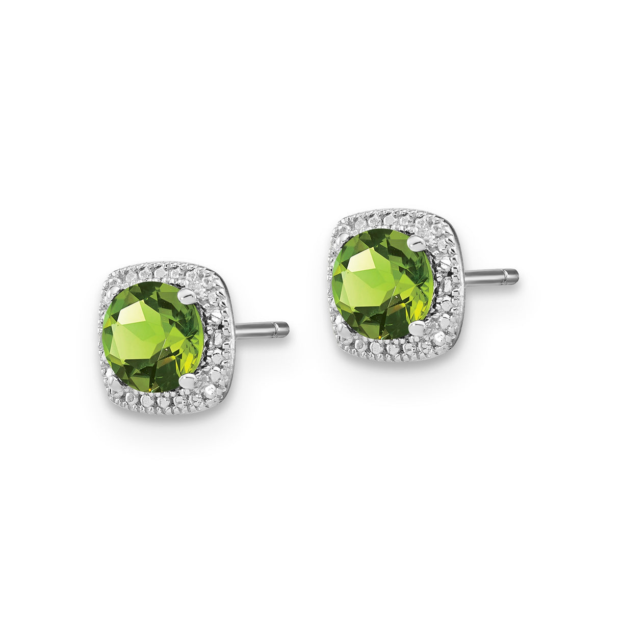 Sterling Silver Stud Earrings with Peridot and Clear Stone Halo in Square Setting