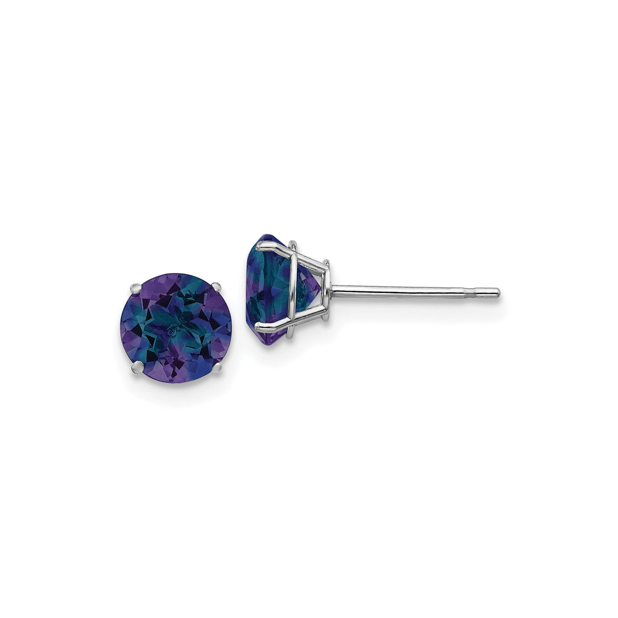 14k White Gold Stud Earrings with Round Cut Created Alexandrite in Four Prong Setting
