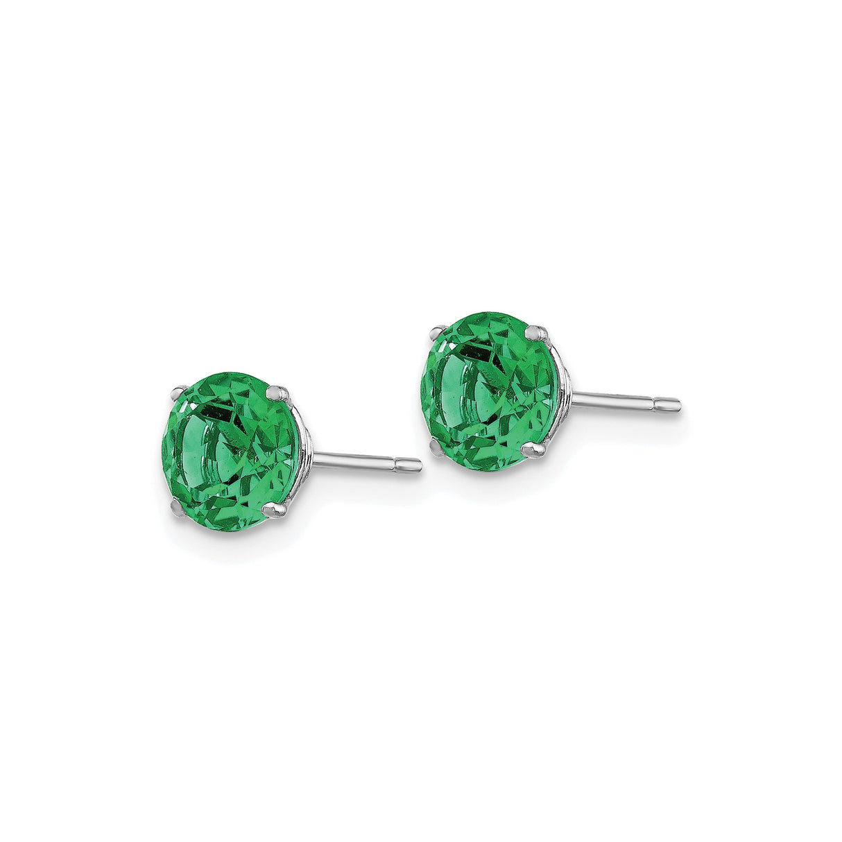 14k White Gold Stud Earrings with Created Emerald, Round Cut, Solitaire Basket Setting
