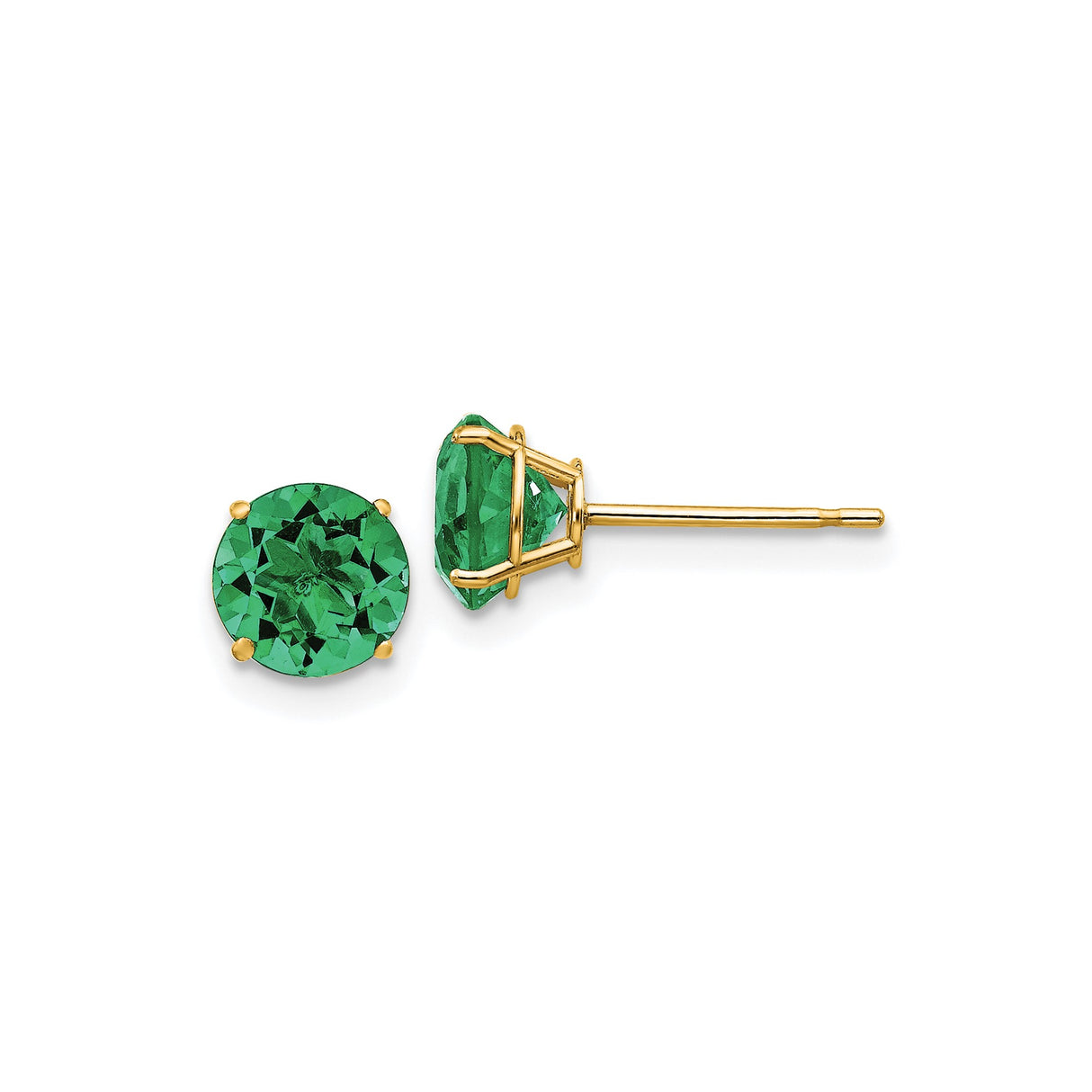14k Yellow Gold Stud Earrings with Created Emeralds, Classic Prong Setting Womens Jewelry
