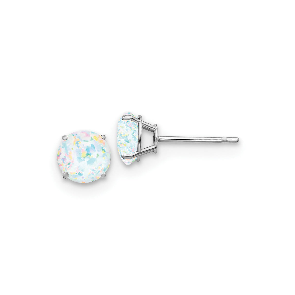 14k White Gold Stud Earrings with Created Opal, Minimalist Multicolor October Birthstone Jewelry