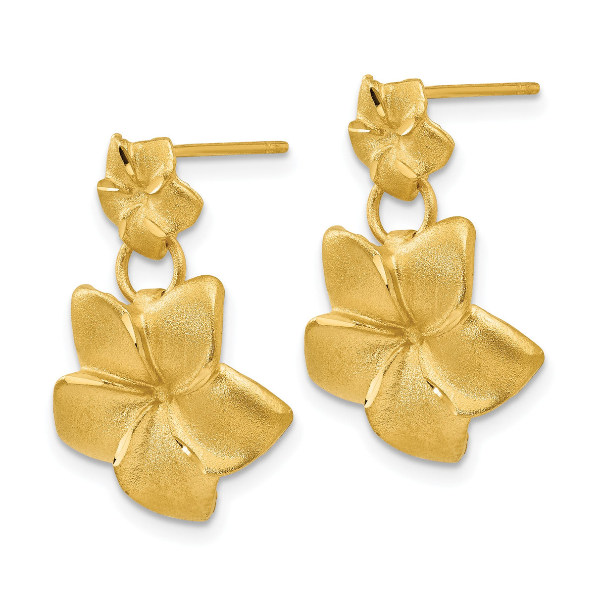 14k Yellow Gold Dangle Earrings with Double Plumeria Flower Design, Tropical Floral Style