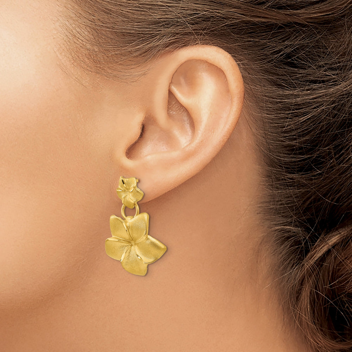 14k Yellow Gold Dangle Earrings with Double Plumeria Flower Design, Tropical Floral Style