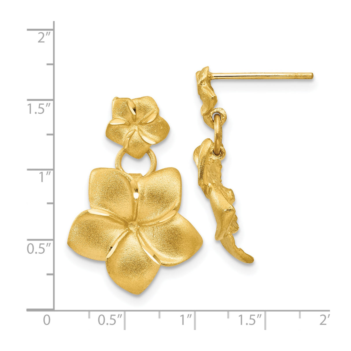 14k Yellow Gold Dangle Earrings with Double Plumeria Flower Design, Tropical Floral Style