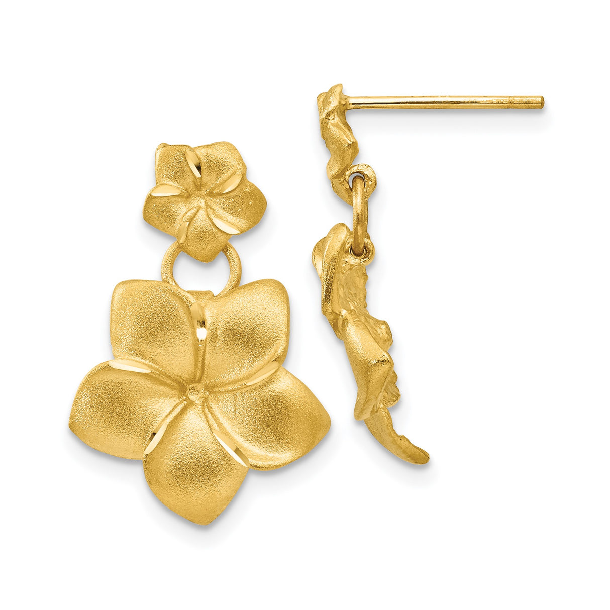 14k Yellow Gold Dangle Earrings with Double Plumeria Flower Design, Tropical Floral Style