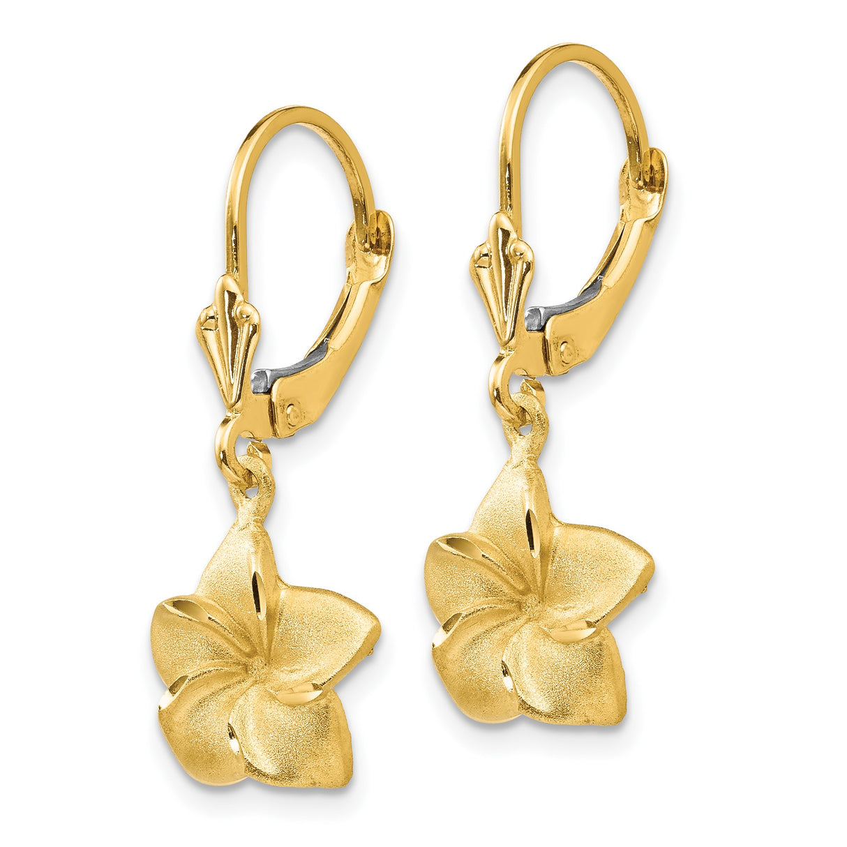 14k Yellow Gold Leverback Earrings with Textured Plumeria Flower Design, Floral Drop Style for Women