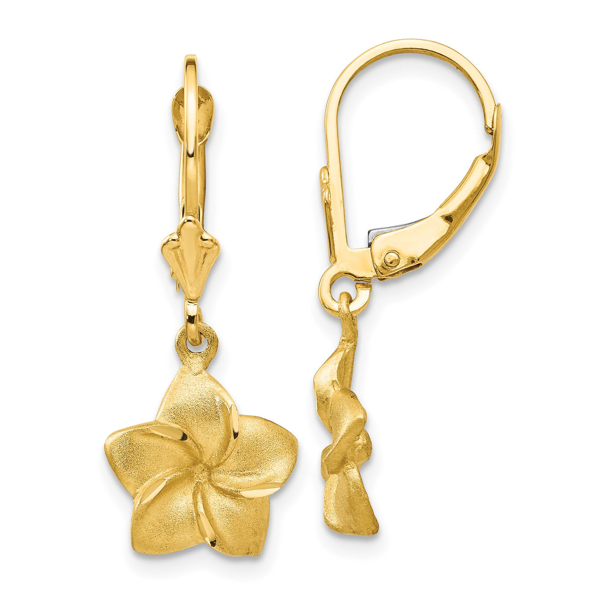 14k Yellow Gold Leverback Earrings with Textured Plumeria Flower Design, Floral Drop Style for Women