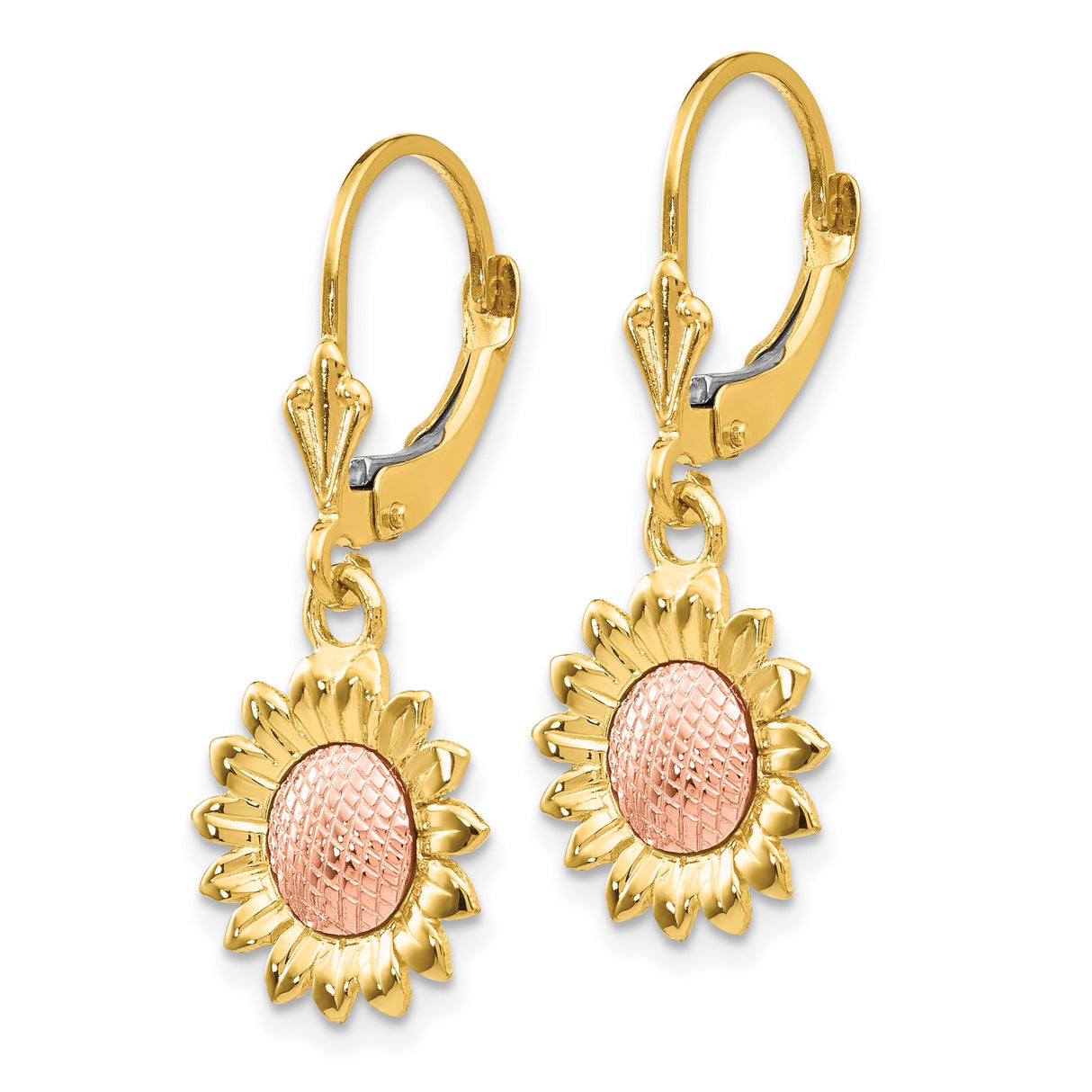 14k Two-Tone Gold Sunflower Leverback Earrings with Textured Rose Center