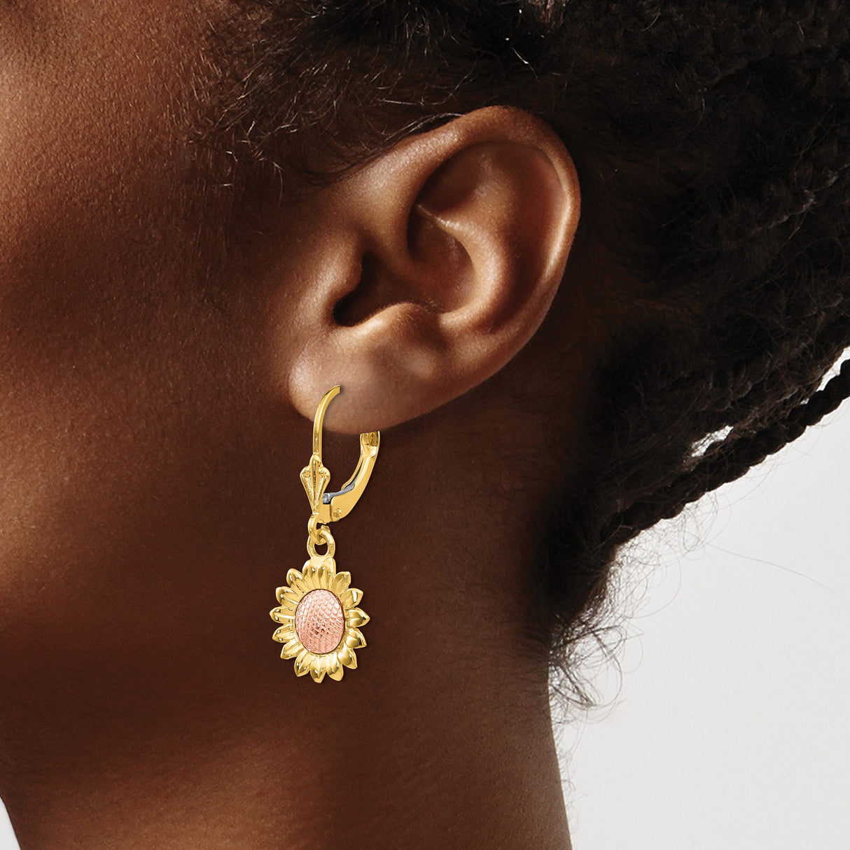 14k Two-Tone Gold Sunflower Leverback Earrings with Textured Rose Center