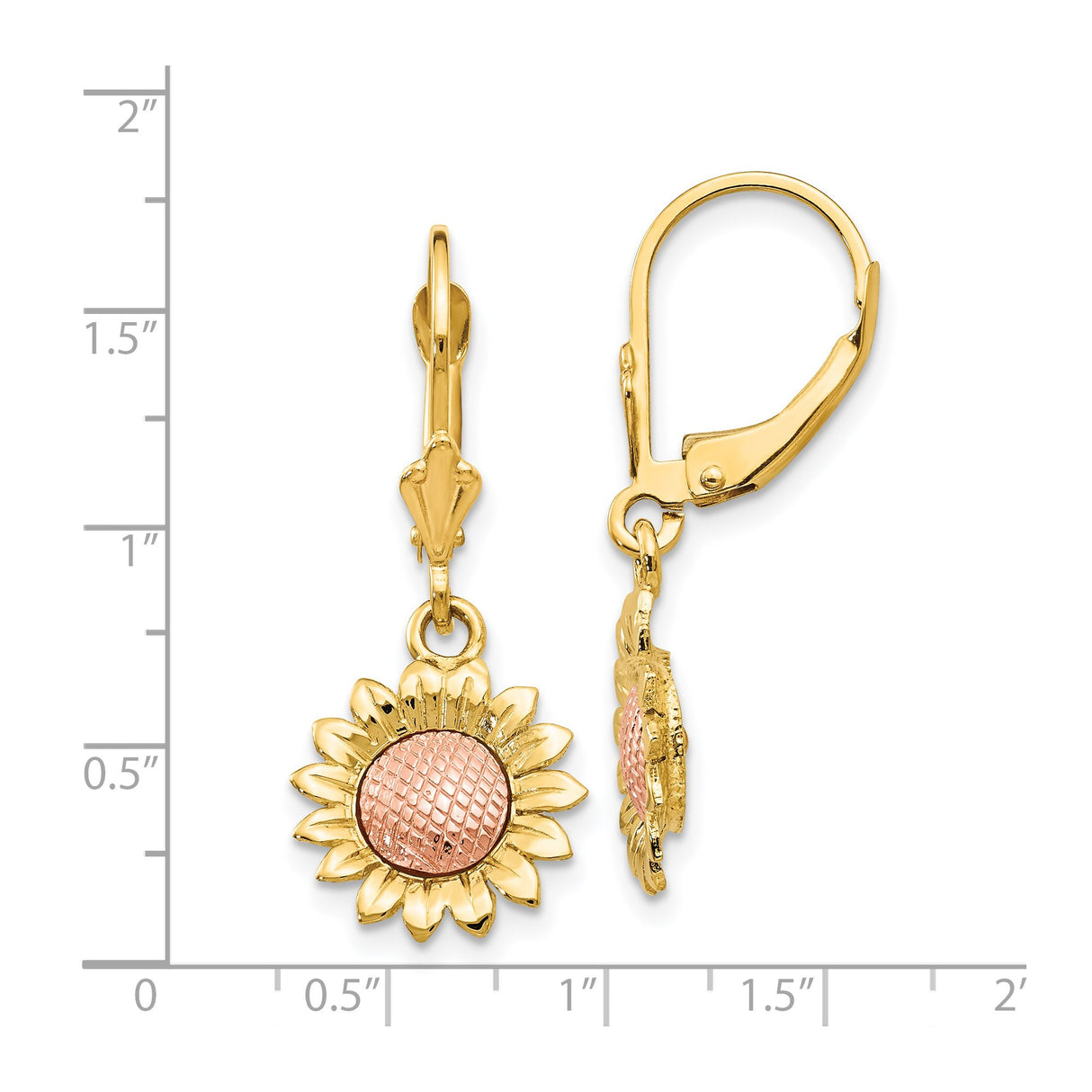 14k Two-Tone Gold Sunflower Leverback Earrings with Textured Rose Center