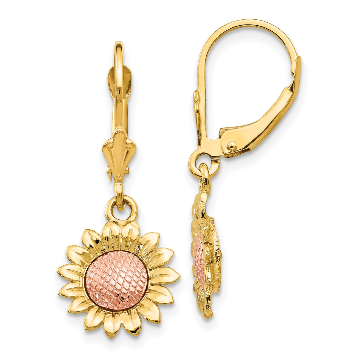 14k Two-Tone Gold Sunflower Leverback Earrings with Textured Rose Center