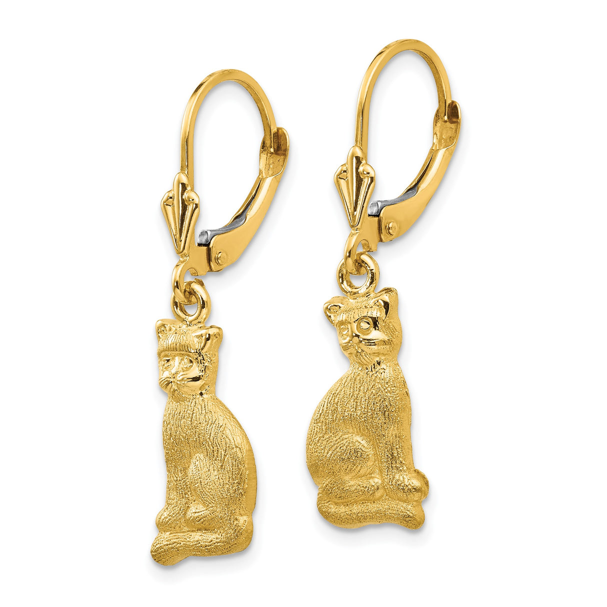 14k Yellow Gold Dangle Leverback Earrings with Textured Sitting Cat Design