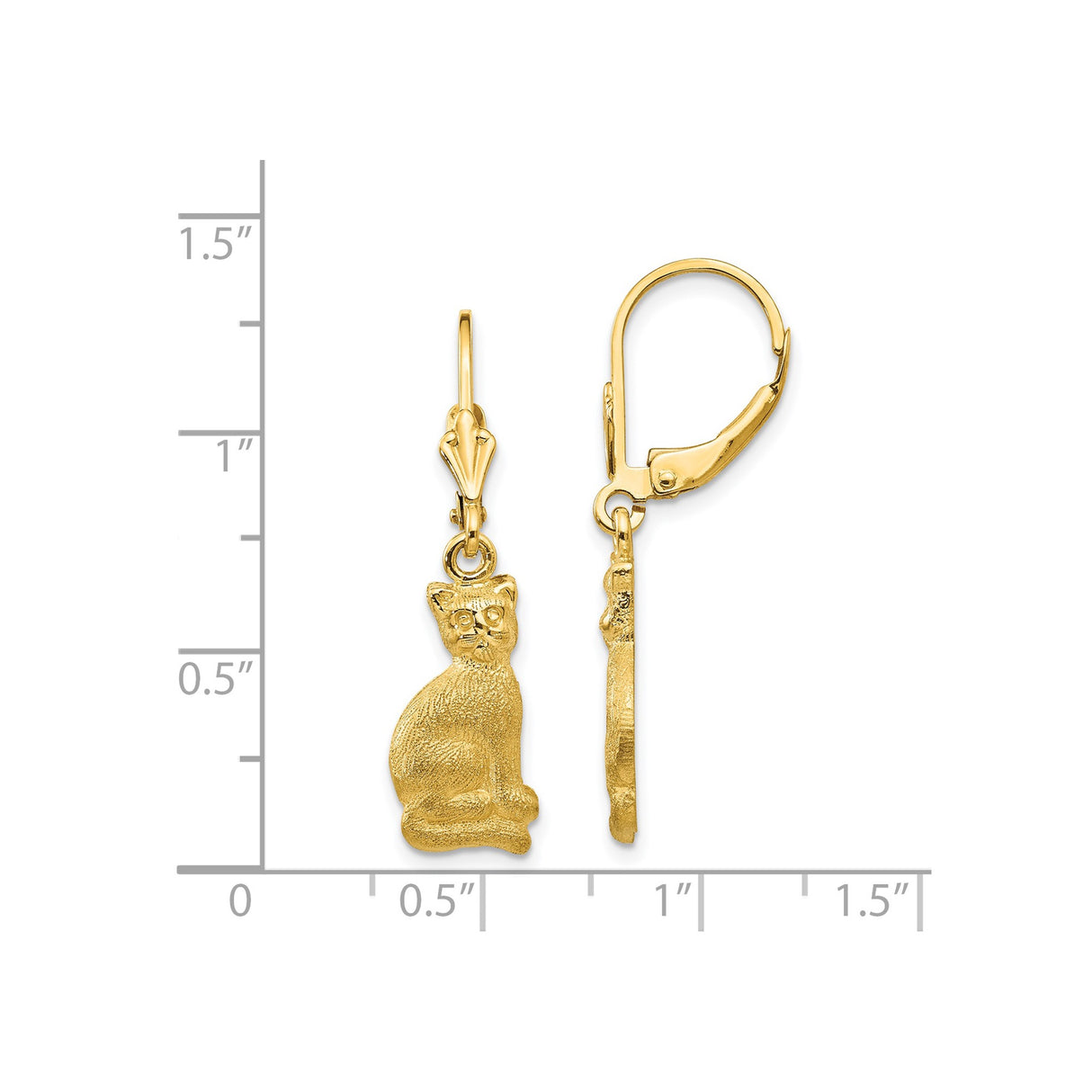 14k Yellow Gold Dangle Leverback Earrings with Textured Sitting Cat Design
