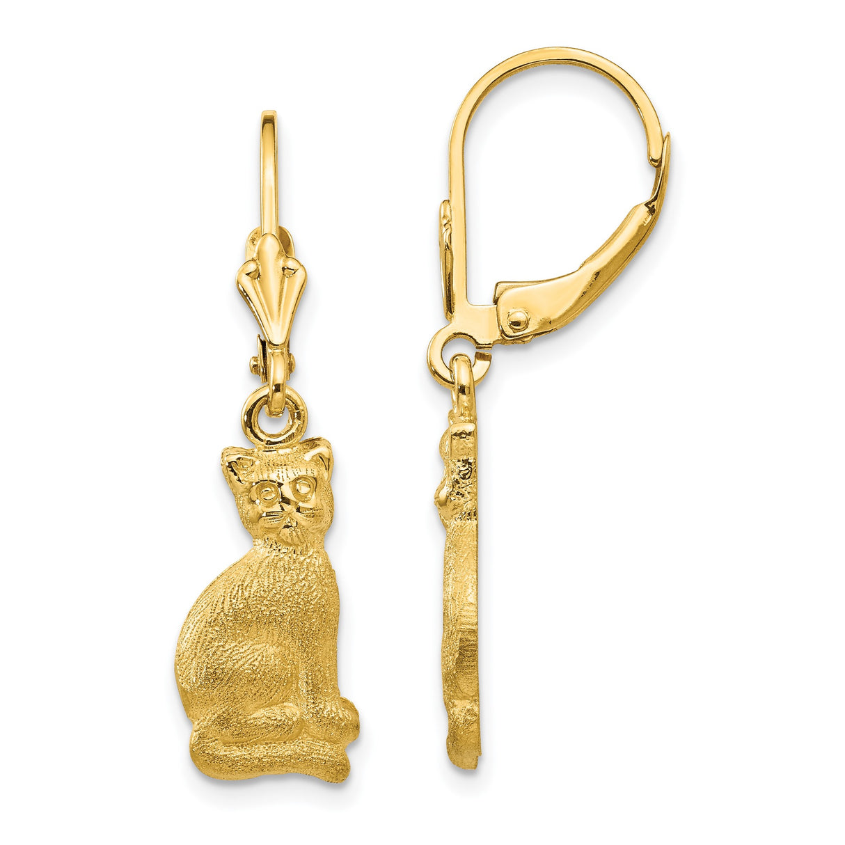 14k Yellow Gold Dangle Leverback Earrings with Textured Sitting Cat Design