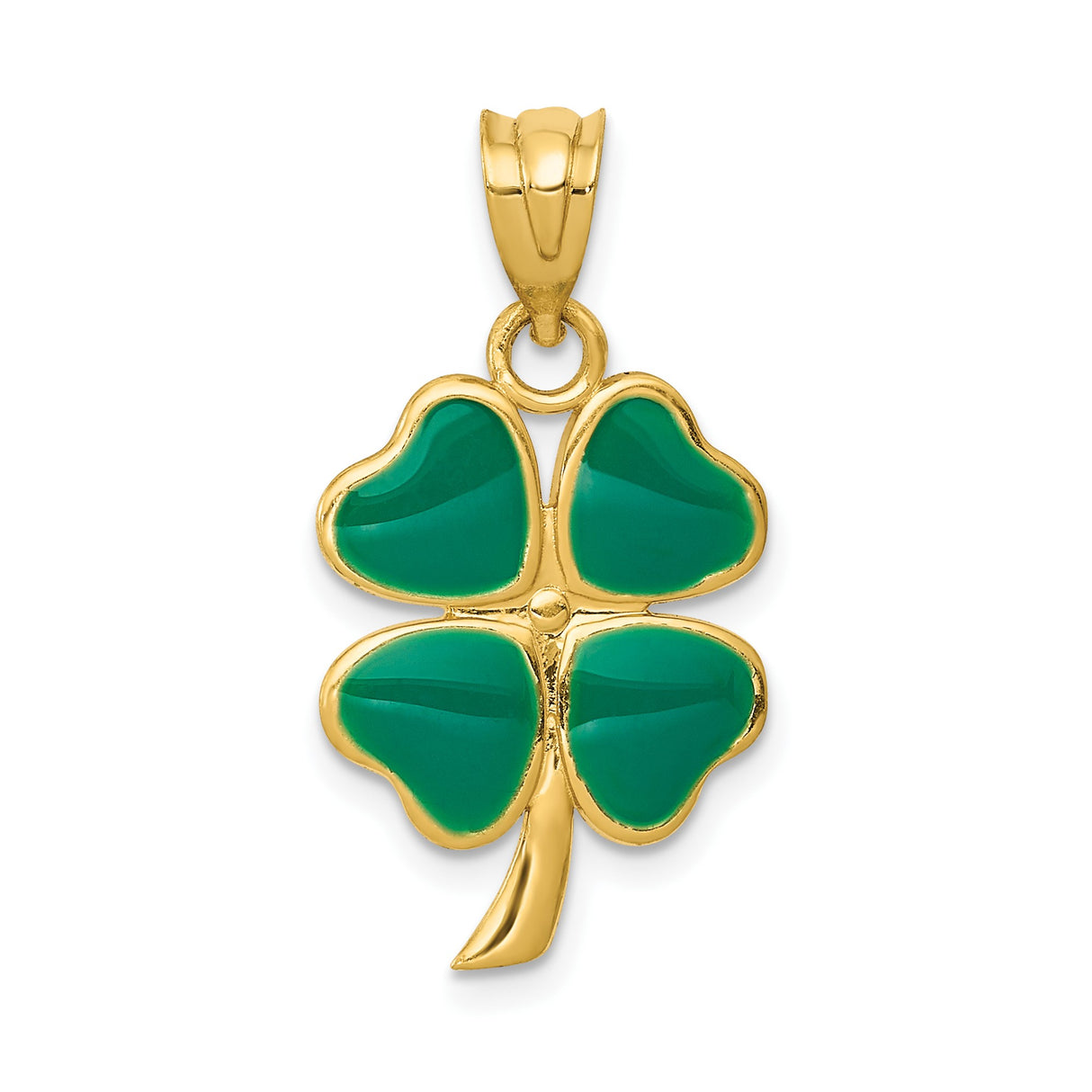 14k Yellow Gold Clover Pendant with Green Enamel Heart Leaves, Four-Leaf Shamrock Charm