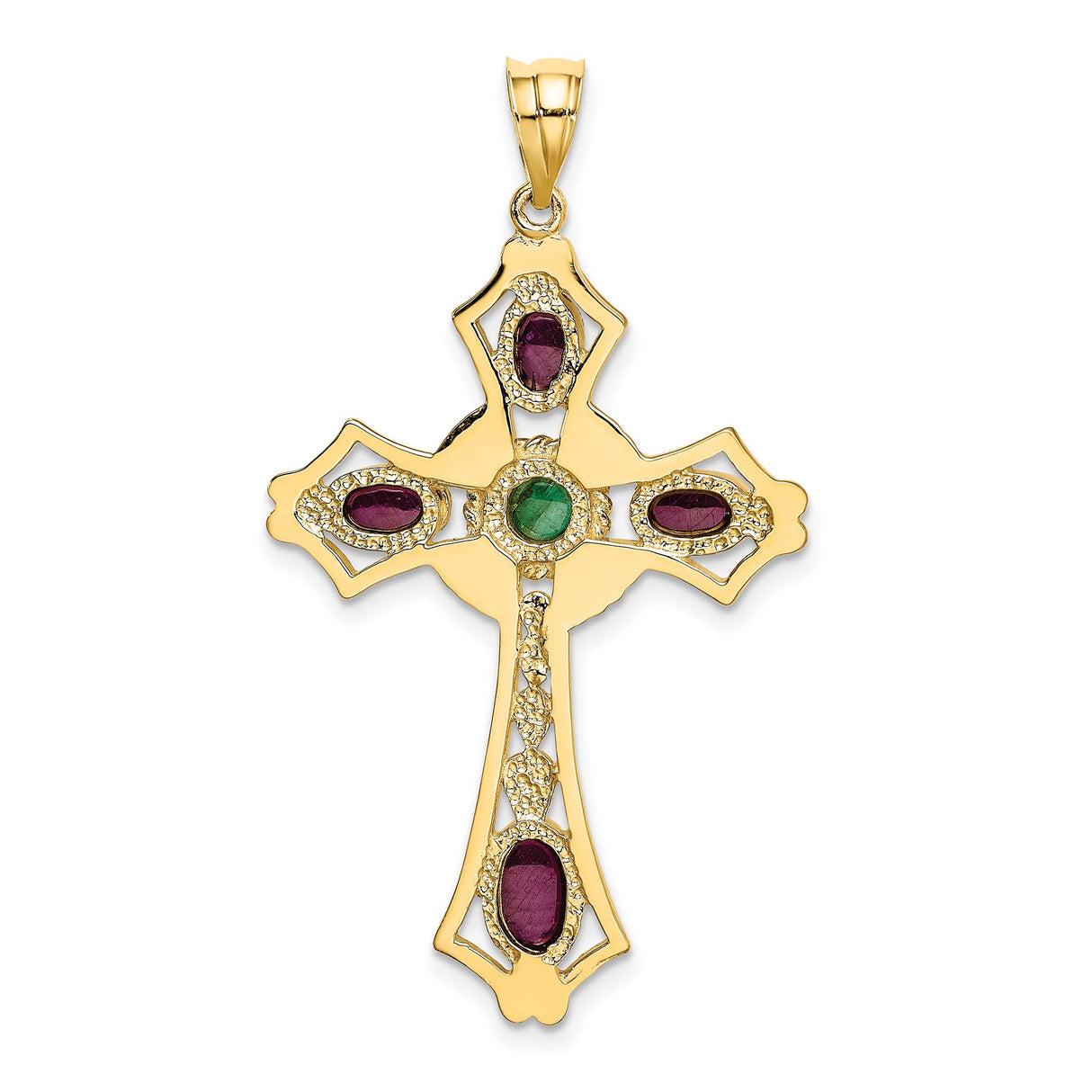 14k Yellow Gold Celtic Cross Pendant with Ruby and Emerald Cabochon Gemstones