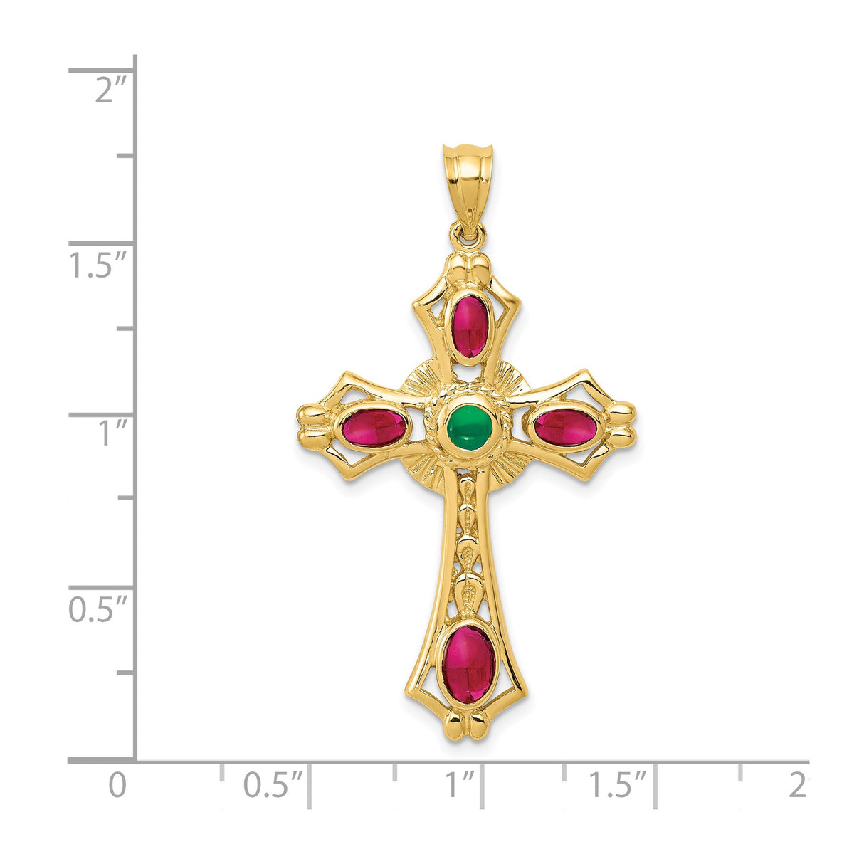 14k Yellow Gold Celtic Cross Pendant with Ruby and Emerald Cabochon Gemstones