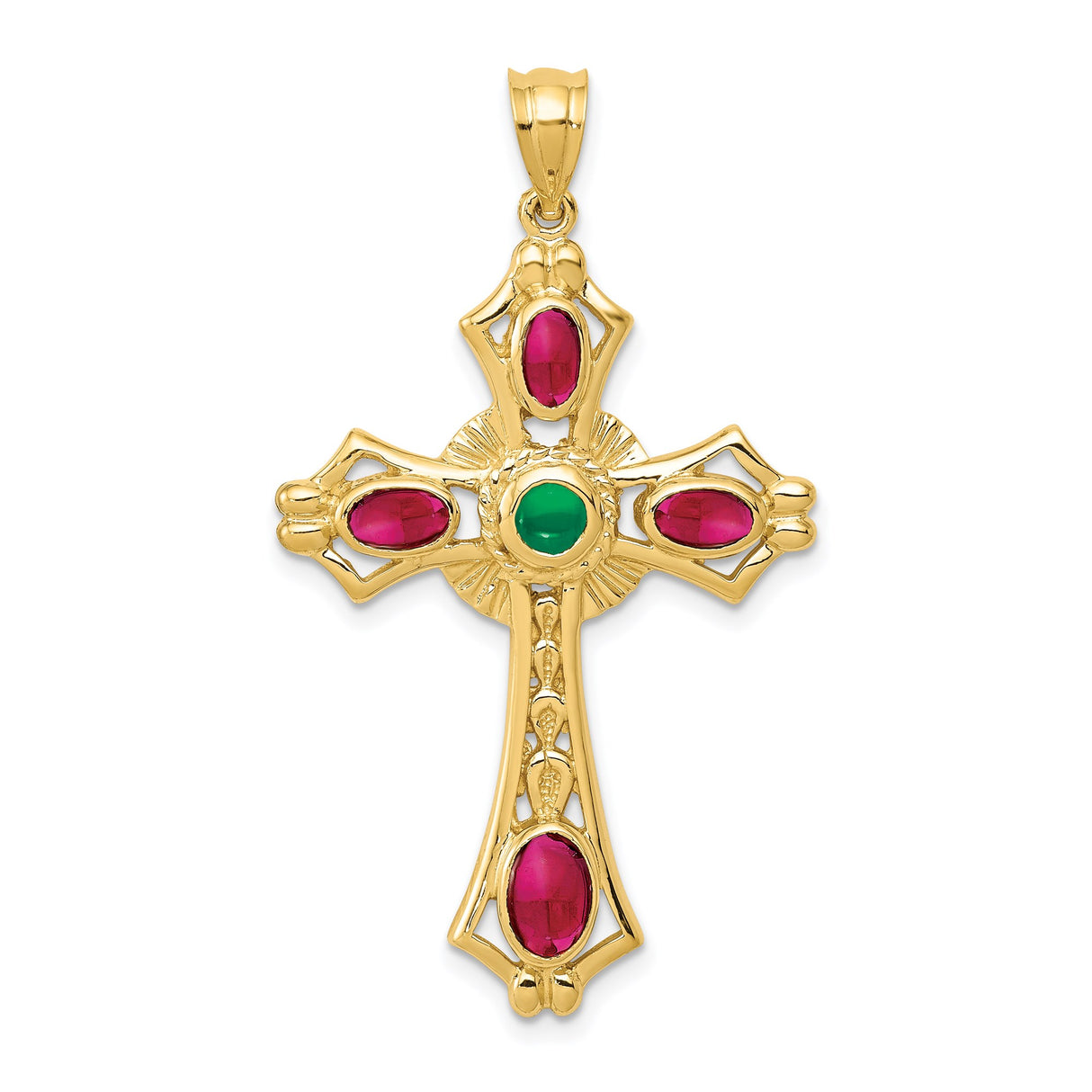 14k Yellow Gold Celtic Cross Pendant with Ruby and Emerald Cabochon Gemstones