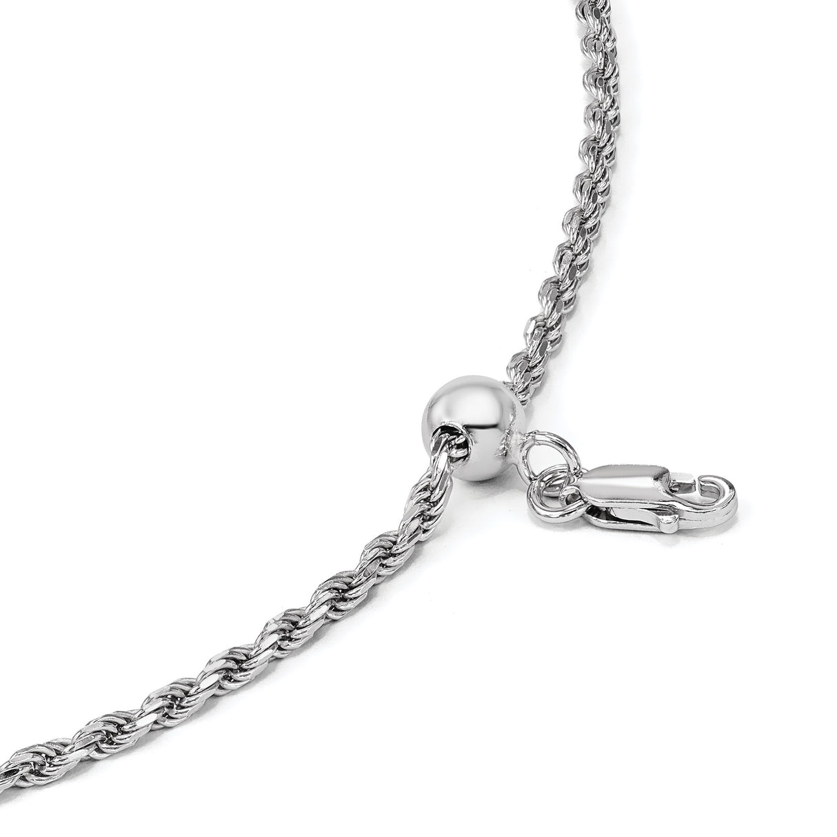 925 White Gold 2 mm Rope Chain Necklace, Polished detail view