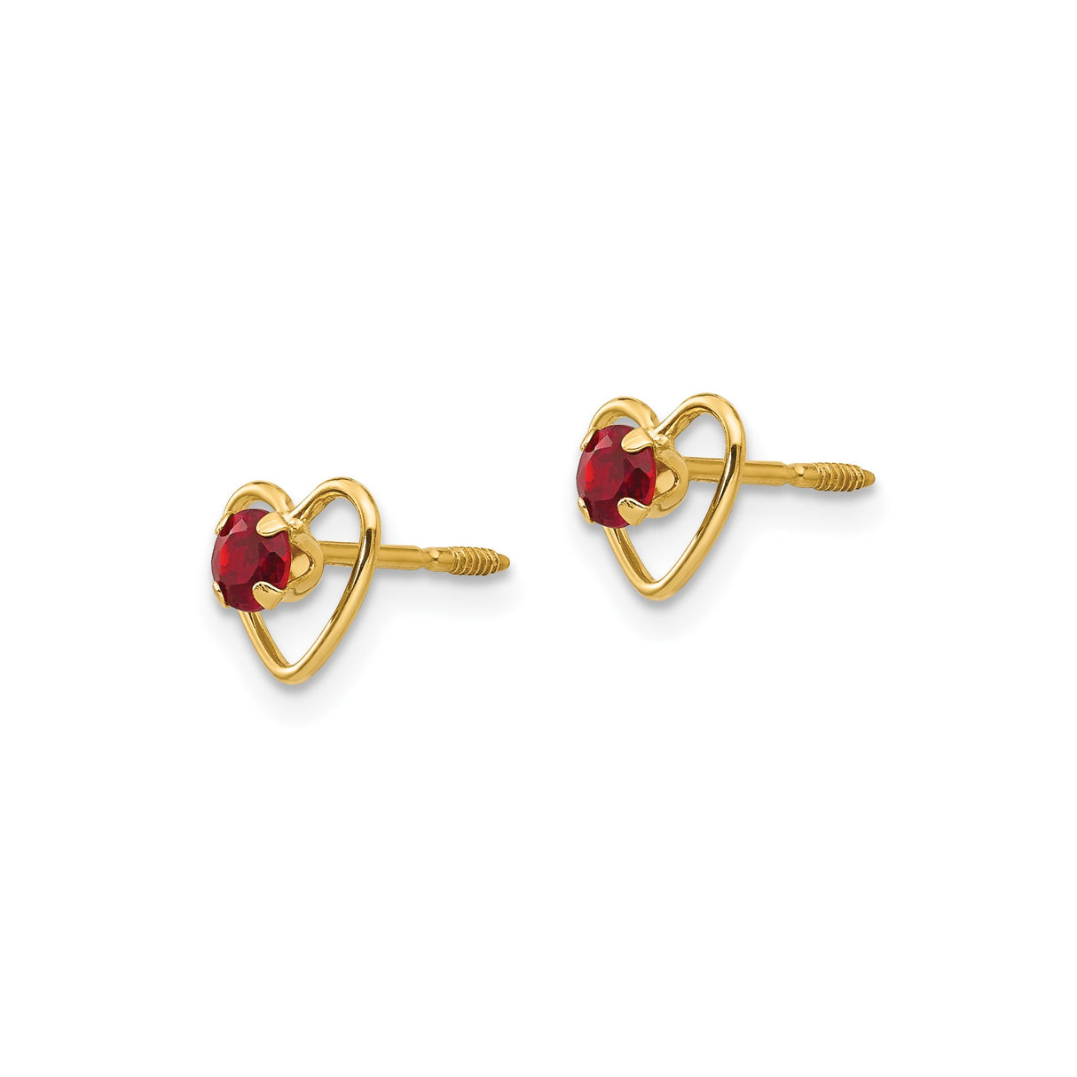 14k Yellow Gold Heart Stud Earrings with Garnet Center, Open Heart Design, Screw Back