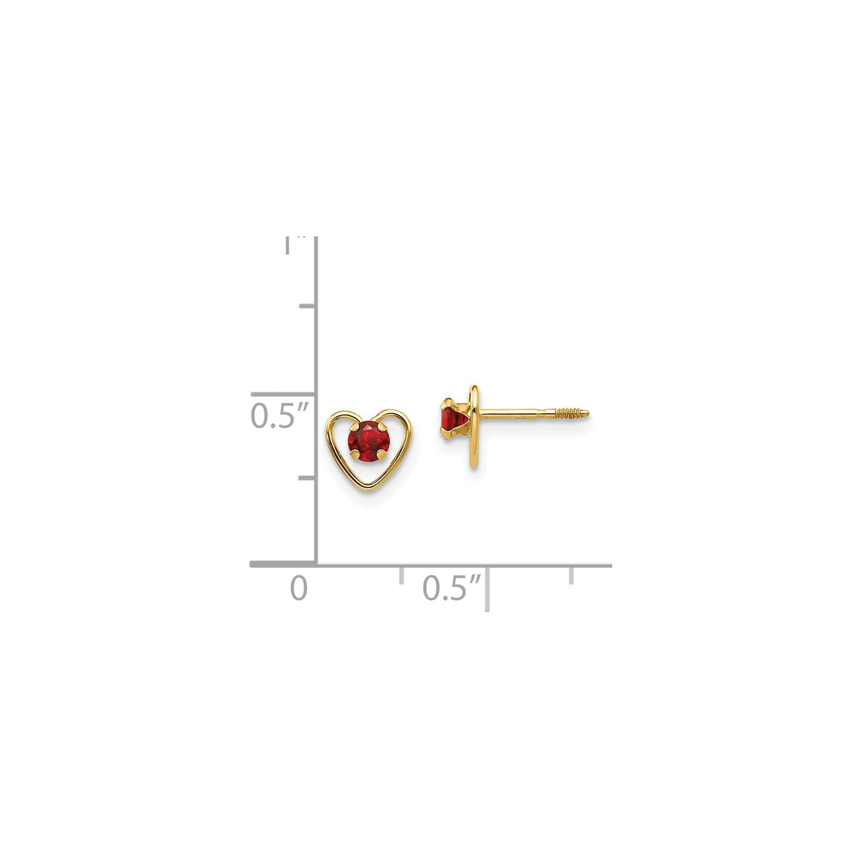 14k Yellow Gold Heart Stud Earrings with Garnet Center, Open Heart Design, Screw Back