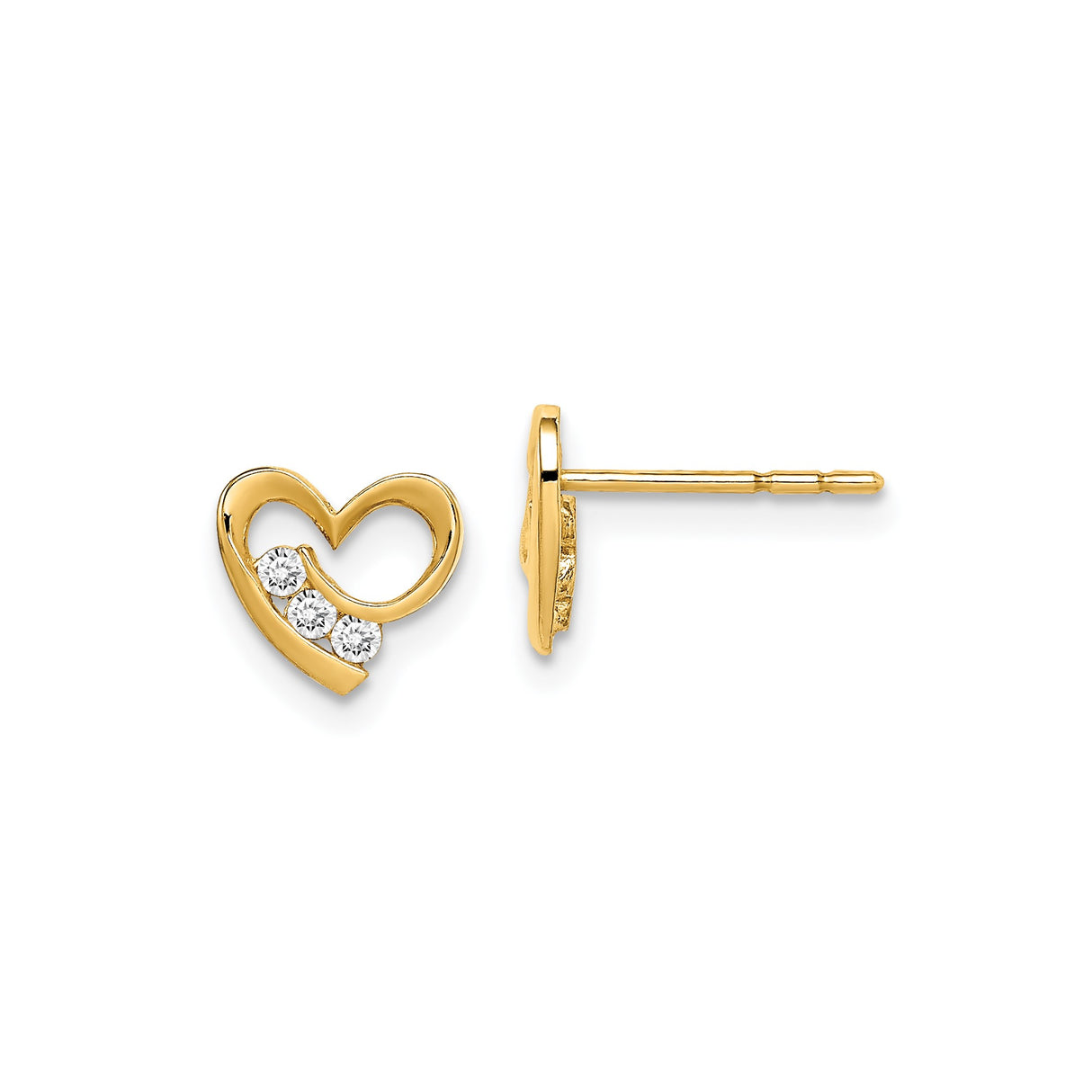 14k Yellow Gold Heart Stud Earrings with Three White Stones, Open Heart Design