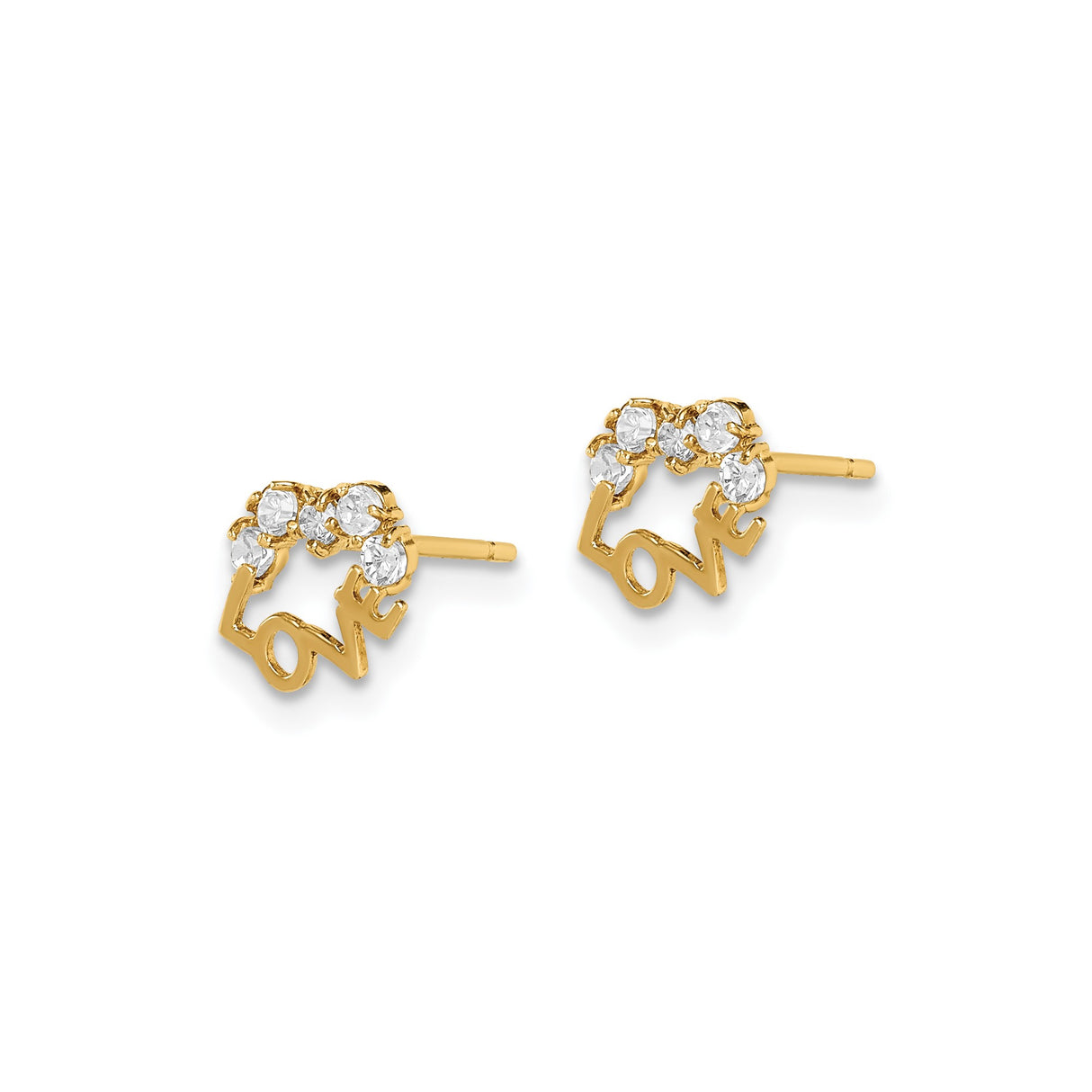 14k Yellow Gold Love Stud Earrings with White Cubic Zirconia Heart Design for Women