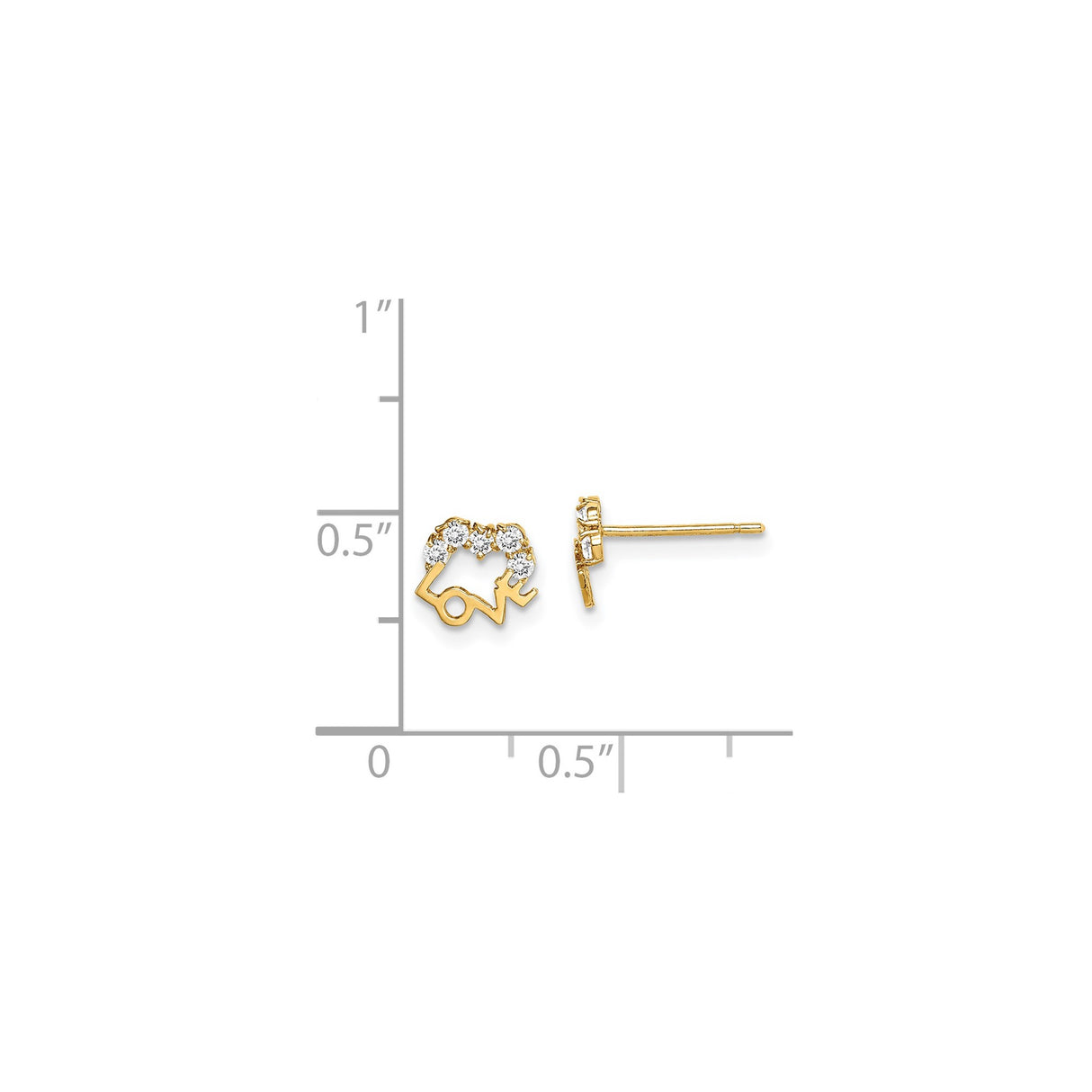 14k Yellow Gold Love Stud Earrings with White Cubic Zirconia Heart Design for Women