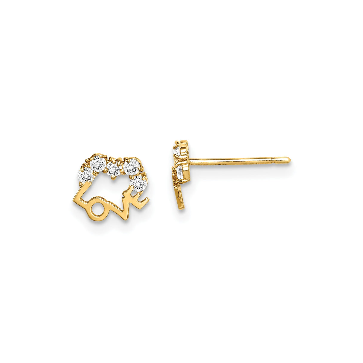 14k Yellow Gold Love Stud Earrings with White Cubic Zirconia Heart Design for Women