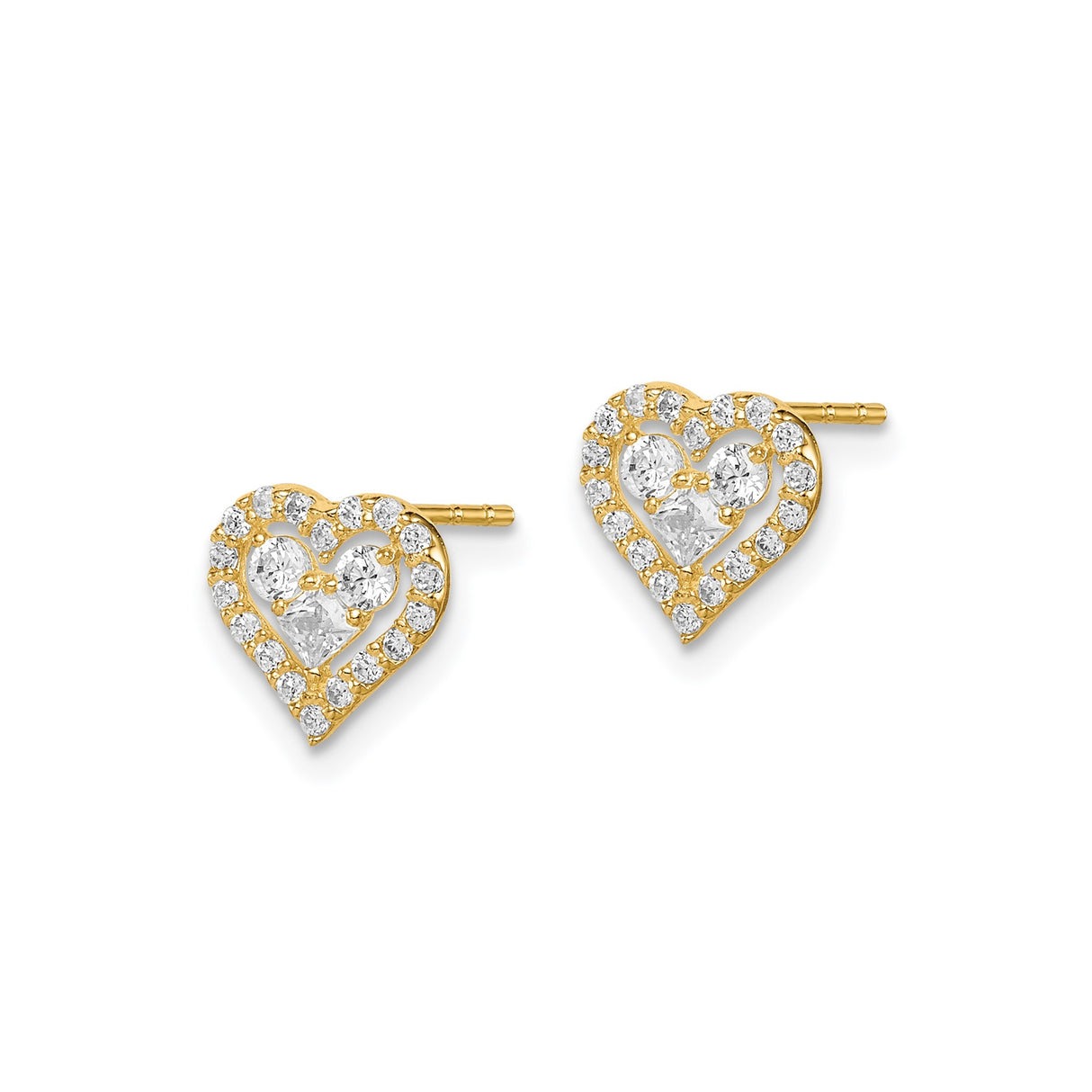 14k Yellow Gold Heart Stud Earrings with Cubic Zirconia Accents for Women